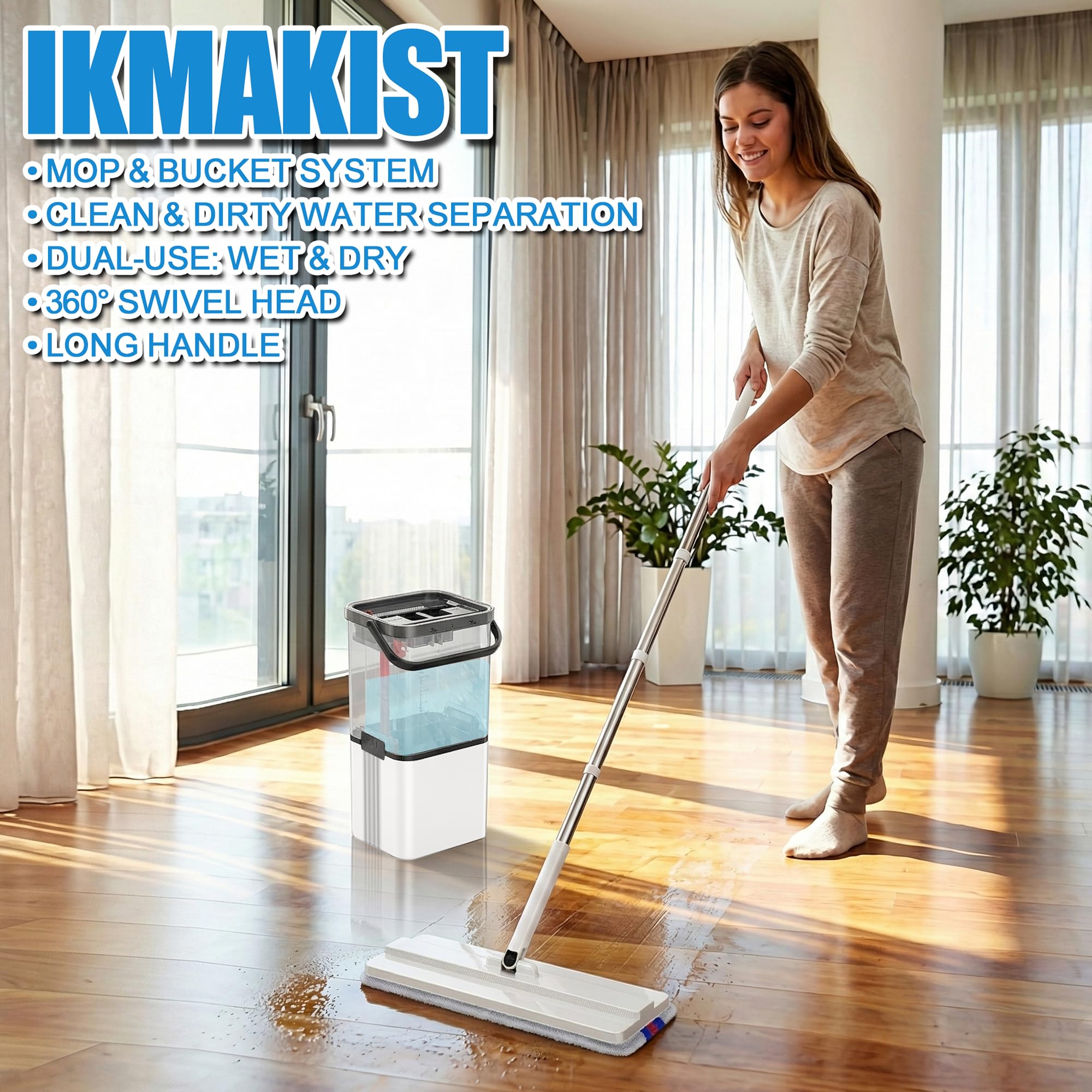 Mop and Bucket Set with Wringer,Separate Clean Dirty Water, Self Wringing Microfiber Dust Flat Mop for Hardwood Floors, Kitchen, Wall Cleaner -with 4
