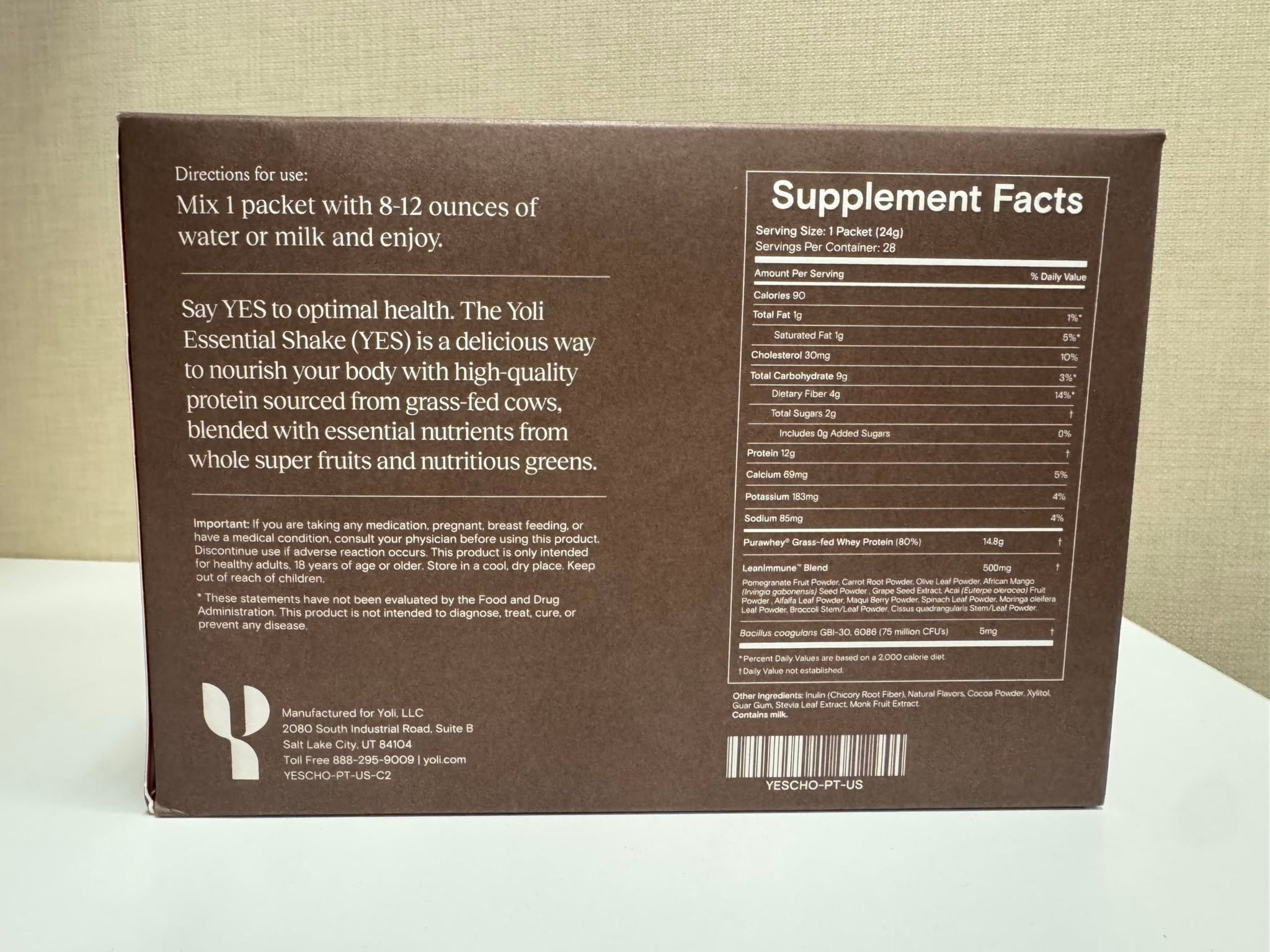 Yoli® Essential Shake YES Whey Protein Powder from Grass-Fed Cows - 28 Packets, Chocolate