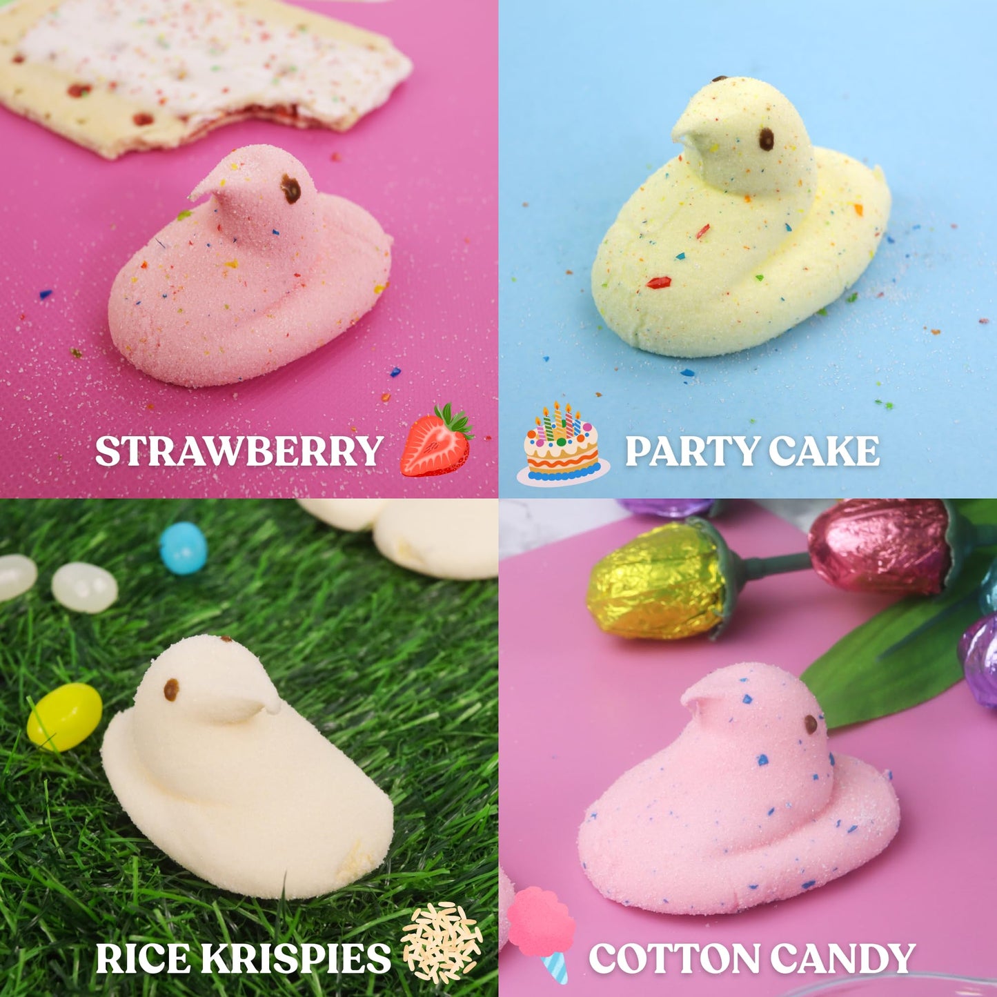 Dessert Peeps Marshmallows Assortment, Cotton Candy, Rice Krispies, Party Cake, and Strawberry Flavors, Easter Basket Stuffer Candy, 5 Count Sleeves
