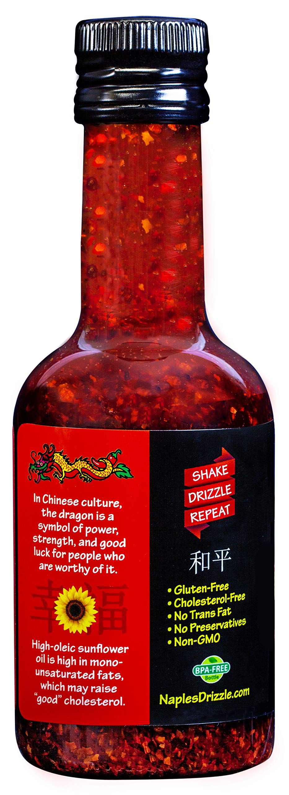 Red Dragon Drizzle - Spicy Garlic Chili Oil - Condiment & Ingredient, High-Oleic Sunflower Oil with Hot Chili Flakes, Vegan, Gluten-Free & Paleo