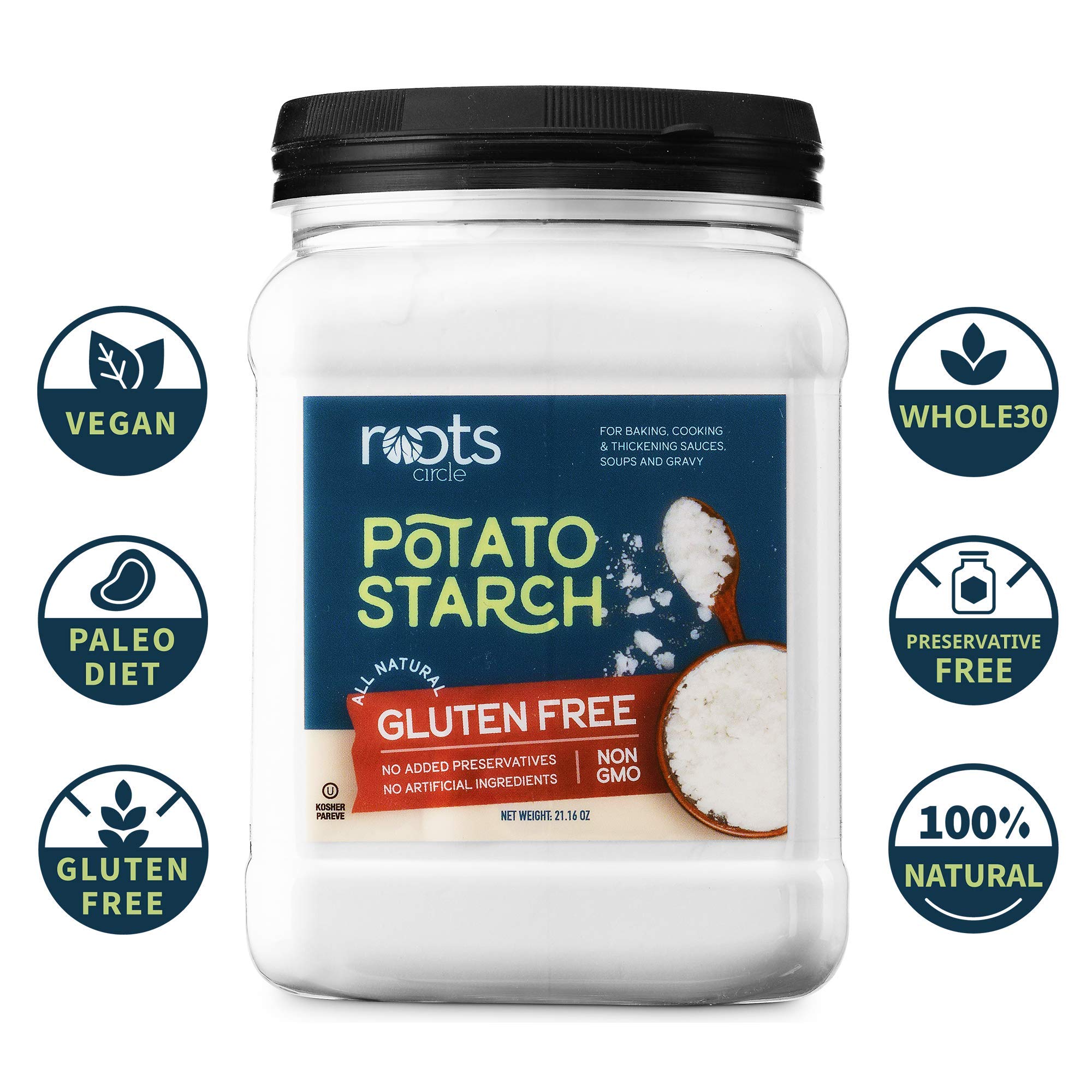 Roots Circle Gluten-Free Potato Starch | 1 Pack of 21oz Jar | No Preservatives or Artificial Ingredients | Kosher for Passover Thickener for Soups