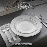 700 Piece Silver Dinnerware Set: 200 Silver-Rim Plastic Plates, 100 Silver Silverware, 100 Plastic Cups, 100 Cloth-Like Napkins, Bulk Wedding Plates