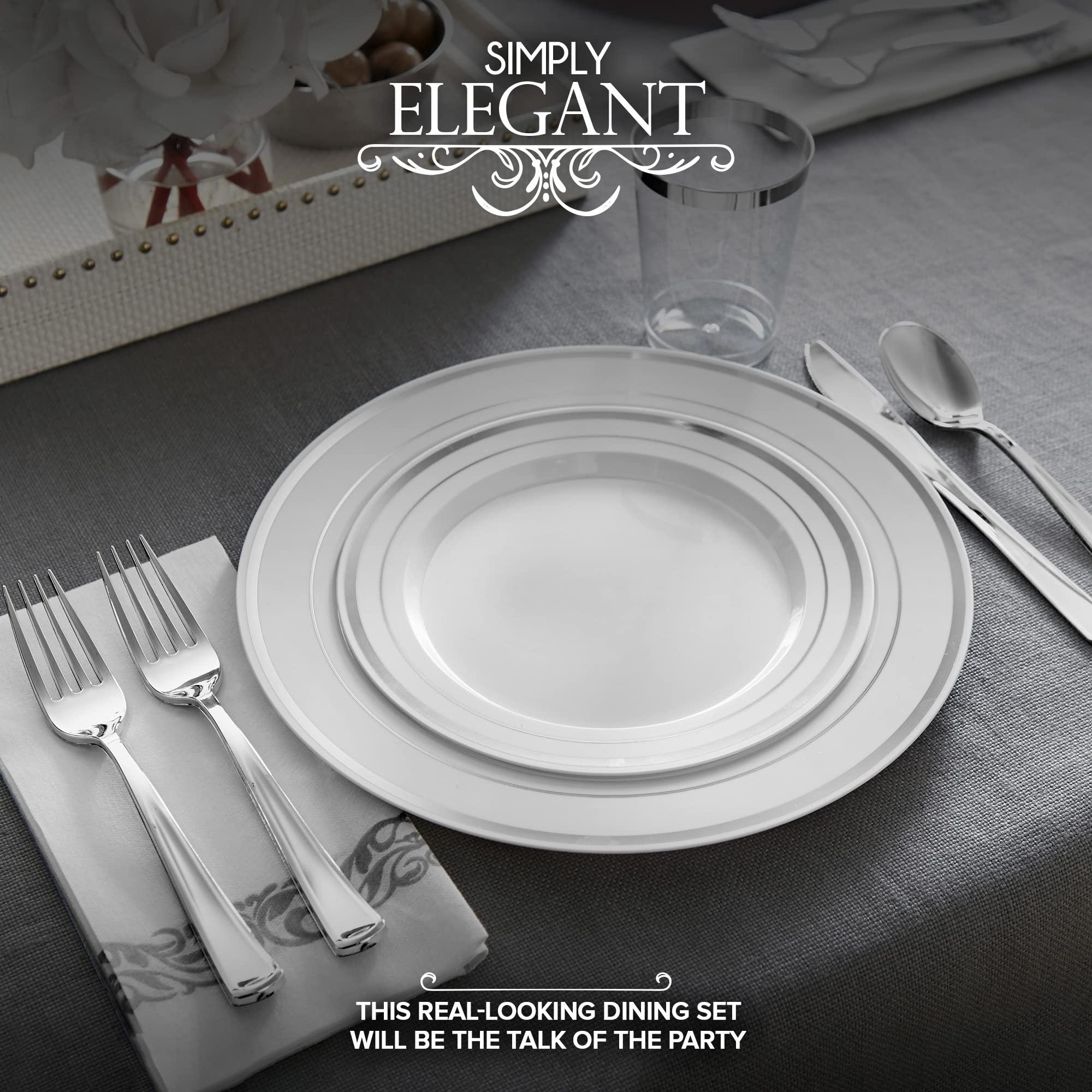 700 Piece Silver Dinnerware Set: 200 Silver-Rim Plastic Plates, 100 Silver Silverware, 100 Plastic Cups, 100 Cloth-Like Napkins, Bulk Wedding Plates