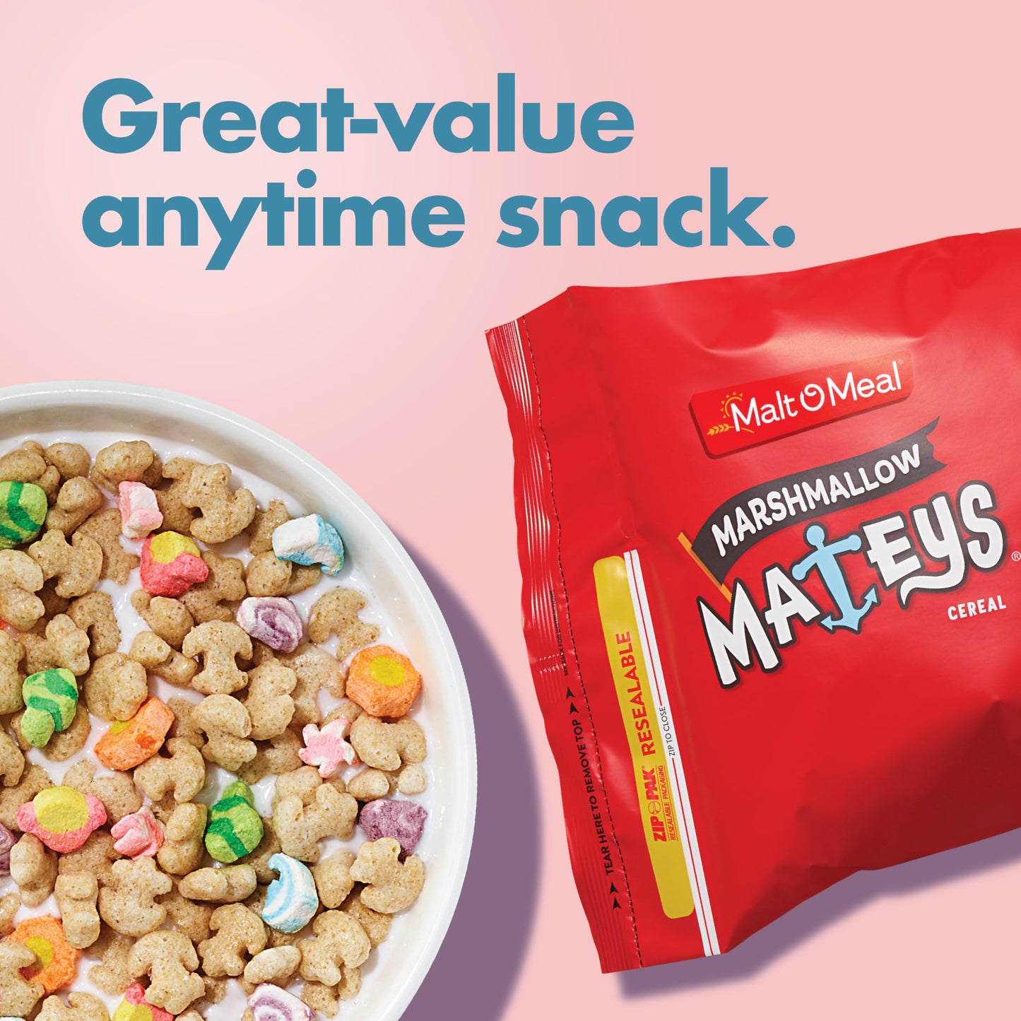 Malt-O-Meal Marshmallow Mateys Breakfast Cereal, Frosted Oats with Marshmallows, Family Size, 33 oz Resealable Bag