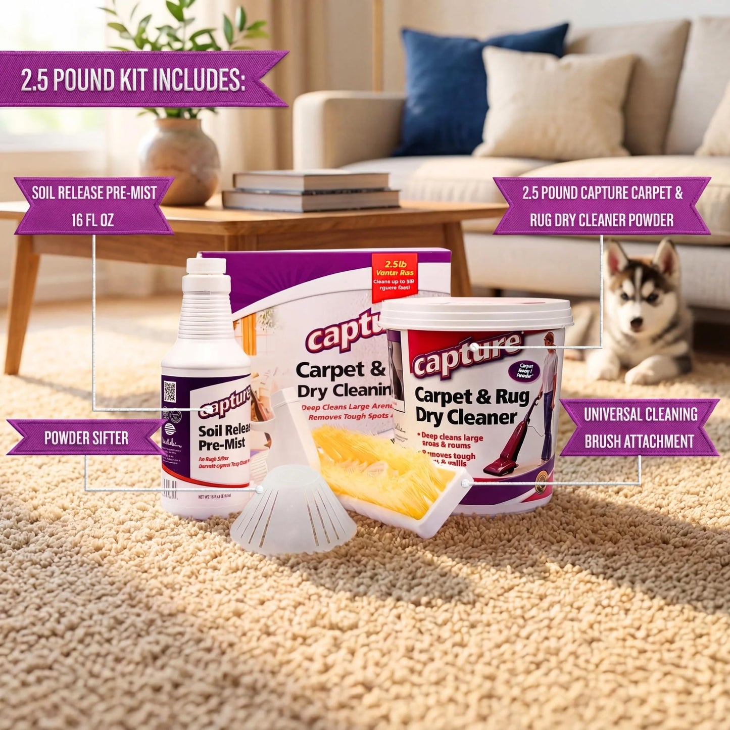 Capture Carpet Total Care Kit 250 - Carpet Deodorizer & Freshener Powder - Spot & Stain Remover - Pet Odor Eliminator - Fresh Natural Scent - Dry Rug