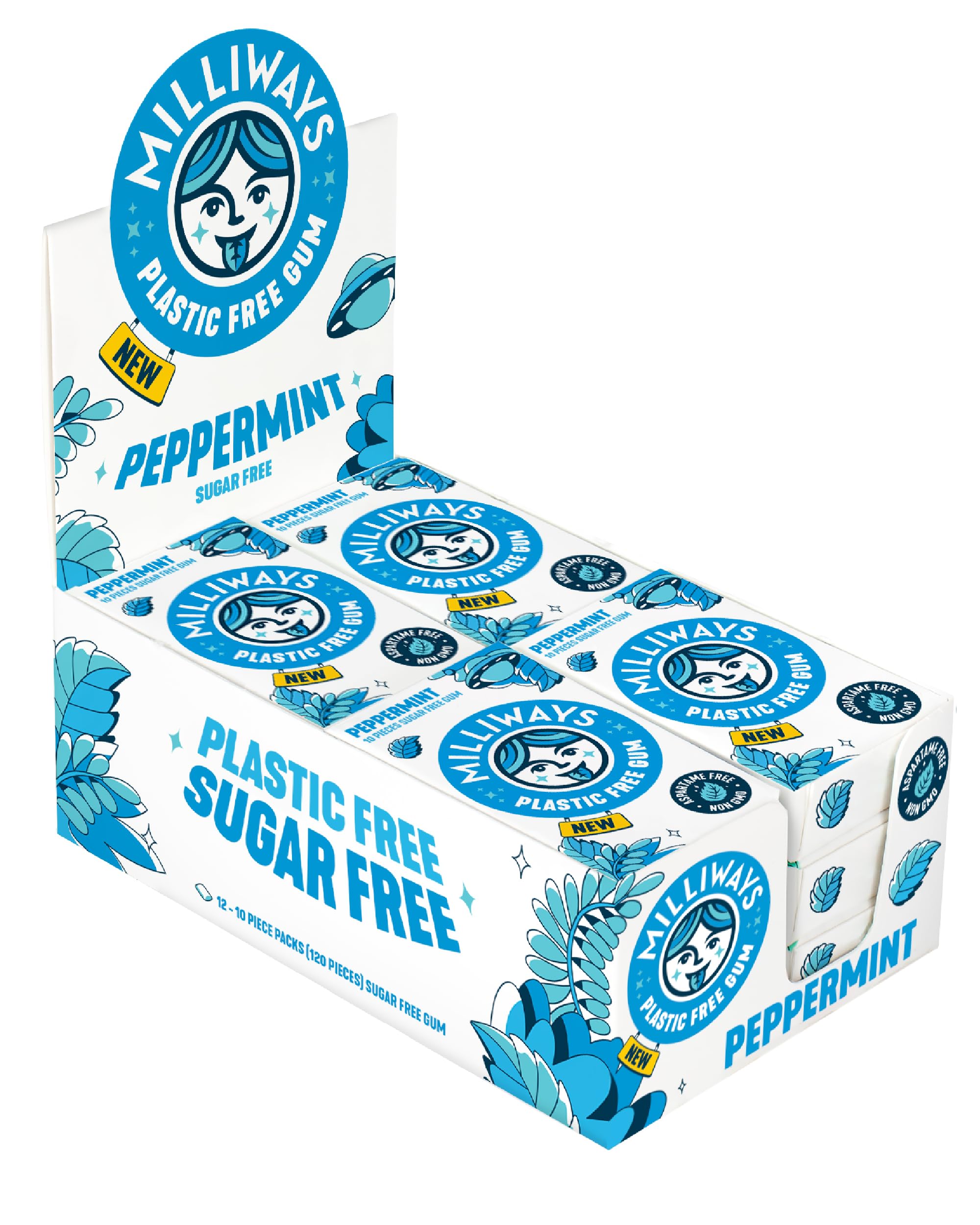 Milliways Peppermint | Plastic Free Gum | Xylitol, Aspartame-Free, Sugar-Free, Plant-Based, Natural Chewing Gum | 120 Pieces Total (12 Packs of 10