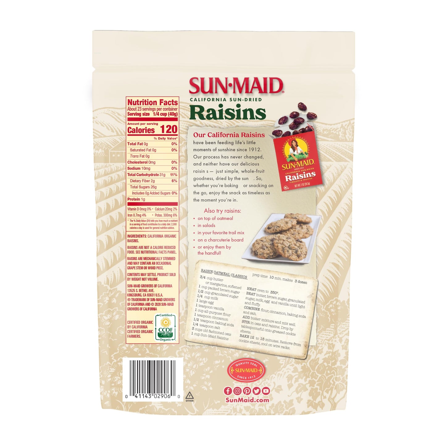 Sun-Maid Organic California Sun-Dried Raisins - 32 oz Resealable Bag - Organic Dried Fruit Snack for Lunches, Snacks, and Natural Sweeteners