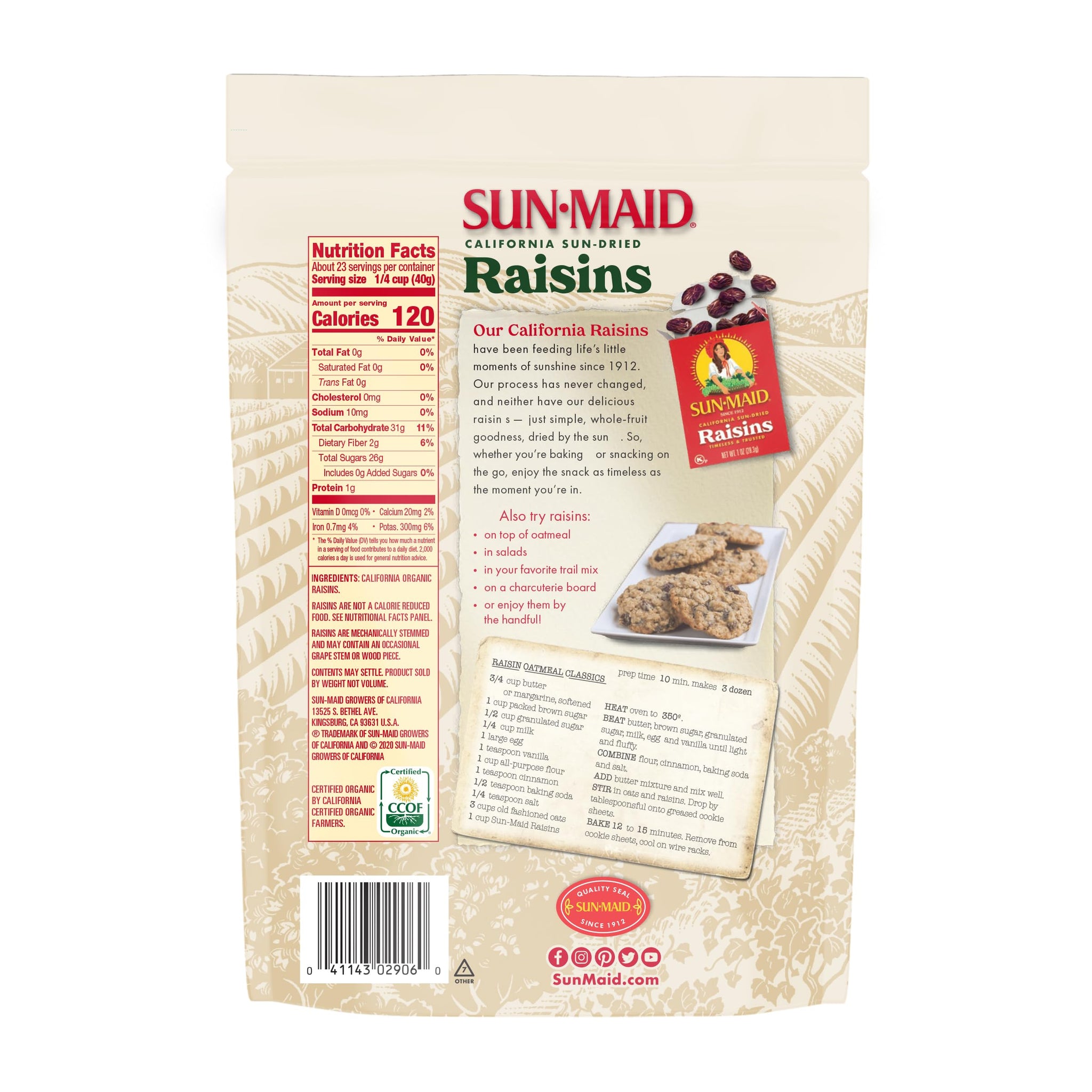 Sun-Maid Organic California Sun-Dried Raisins - 32 oz Resealable Bag - Organic Dried Fruit Snack for Lunches, Snacks, and Natural Sweeteners