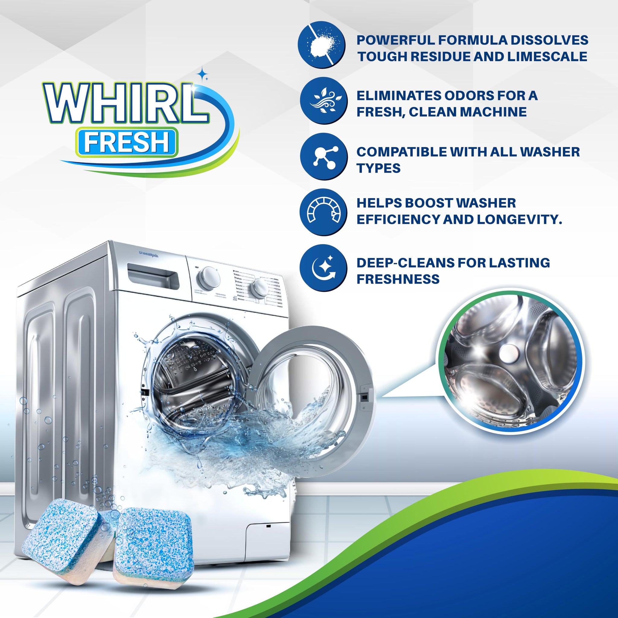 Whirl Fresh Washing Machine Cleaner Tablets, 24 Pack-Deep Cleaning Tablets for Top & Front Load HE Washer Cleaners, Descaler & Deodorizer, Septic
