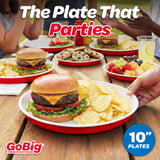 GoBig Red Plastic Disposable Plates - 30 Count 10 Inch - Round Heavy Duty Red Cup Party Plates