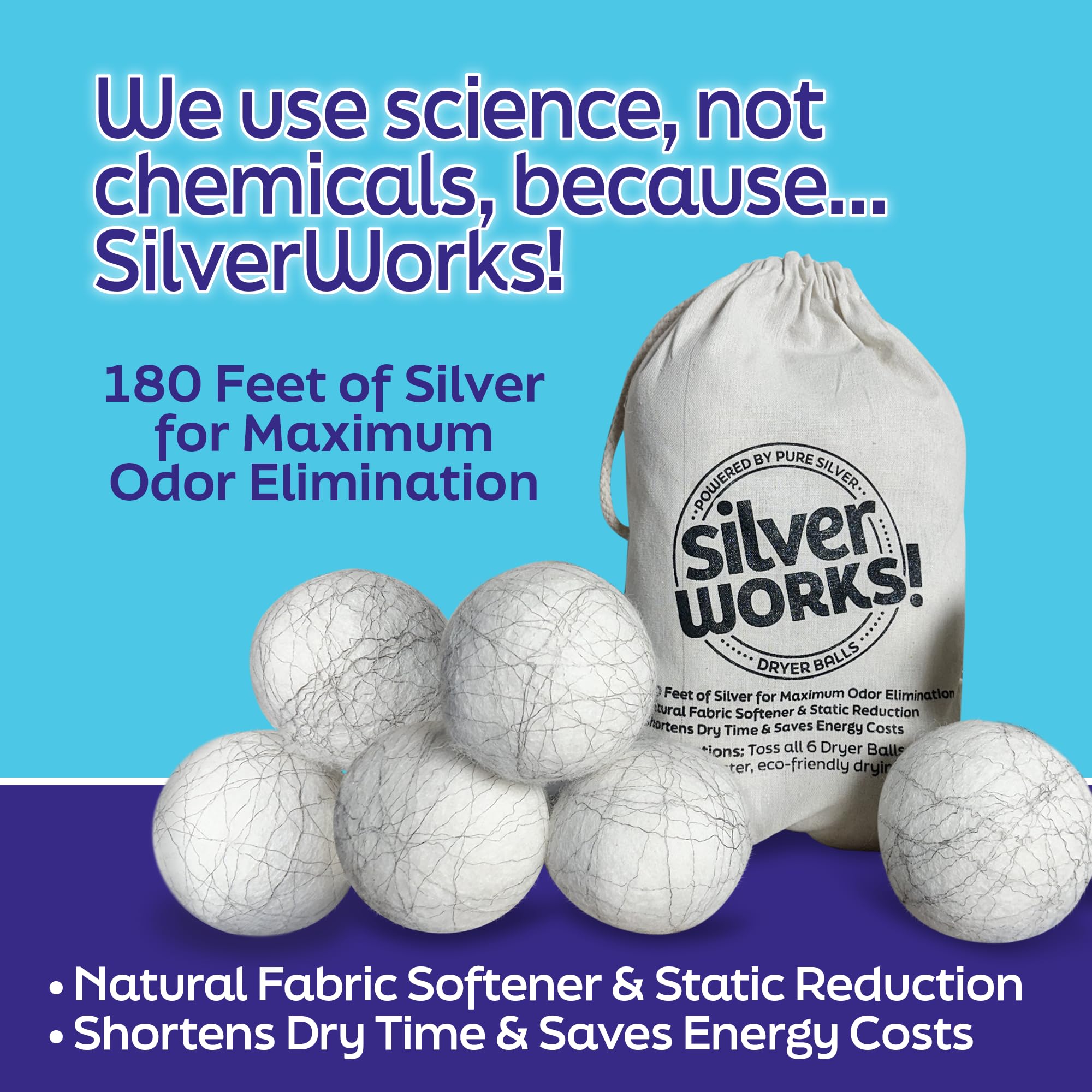 SilverWorks! Wool Dryer Balls Laundry Reusable - Odor Eliminating Dryer Laundry Balls with Silver Technology - Natural Fabric Softener and Static