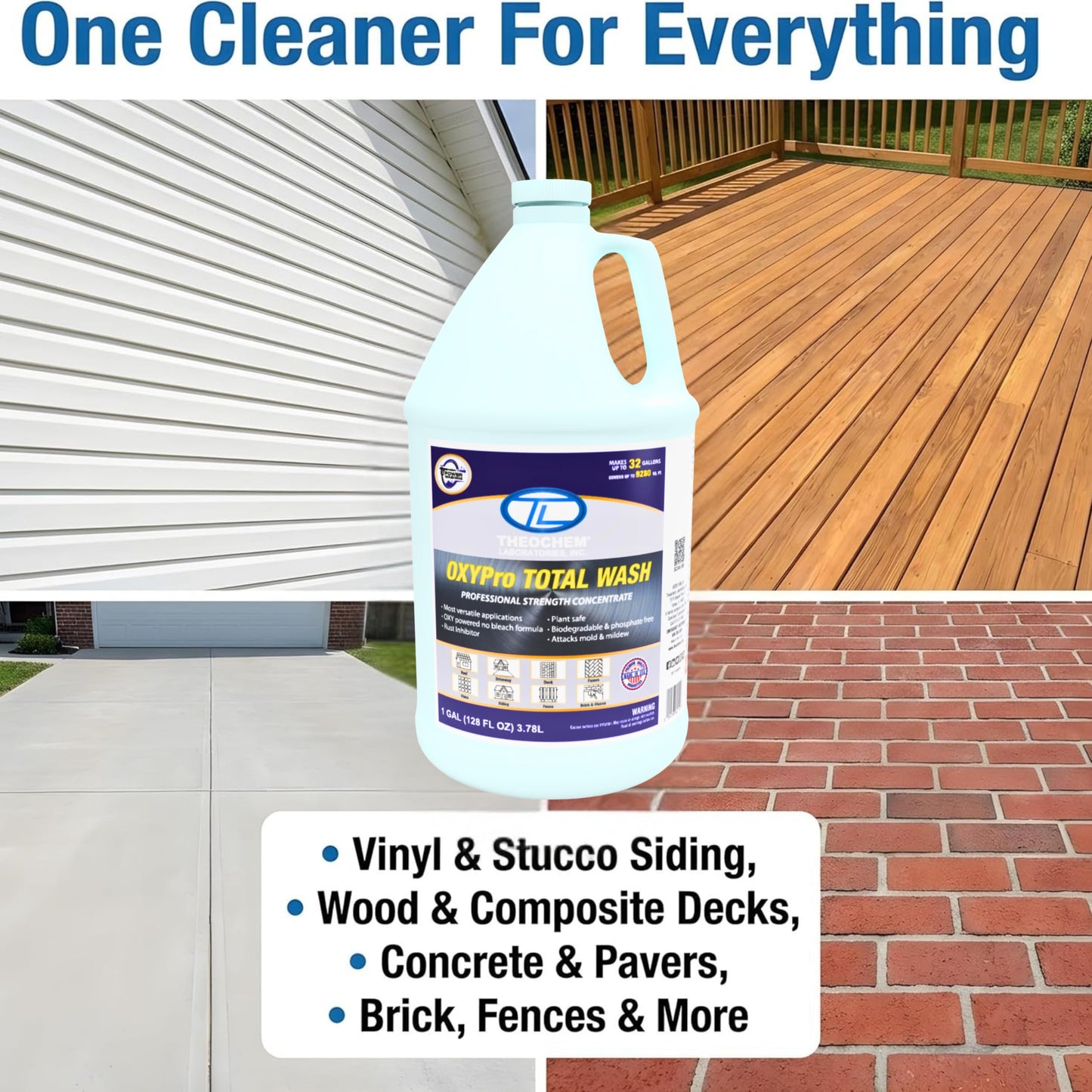 Theochem OXYPro Total Wash Outdoor Cleaner Concentrate for Pressure Washer - House Wash for Vinyl Siding, Deck, Concrete Driveway, Roof - Makes 32