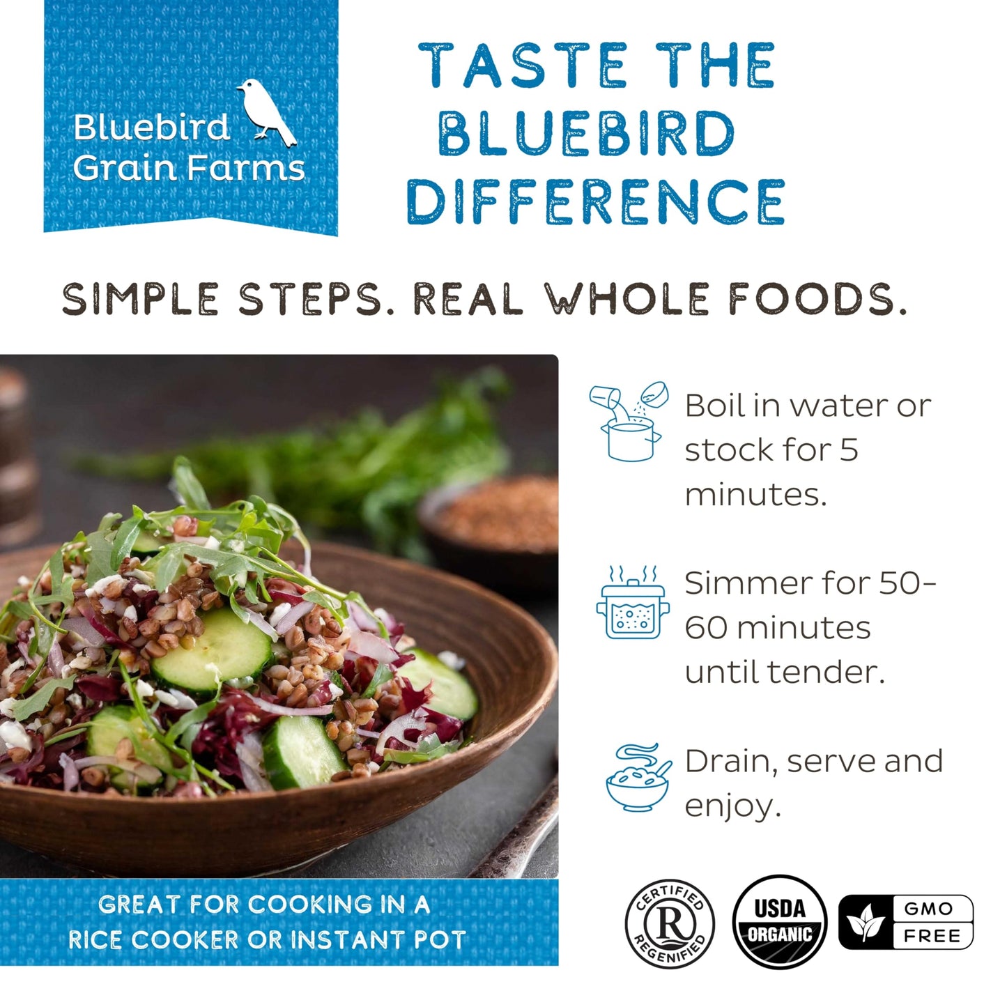 Bluebird Grain Farms Organic Whole Grain Emmer Farro, 5 Lb.