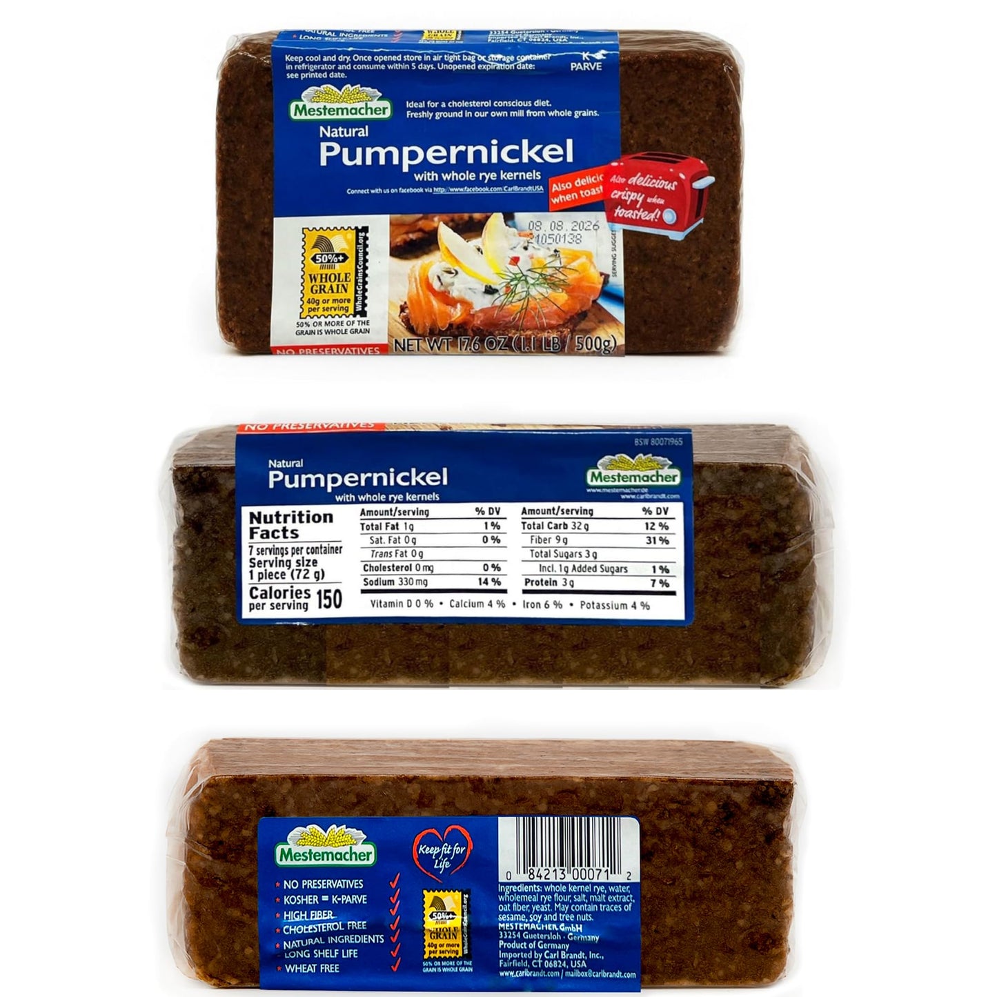 Mestemacher Natural High Fiber Bread 3 Flavor Variety Bundle: (1) Mestemacher Organic Three Grain Bread, (1) Mestemacher Pumpernickel Bread