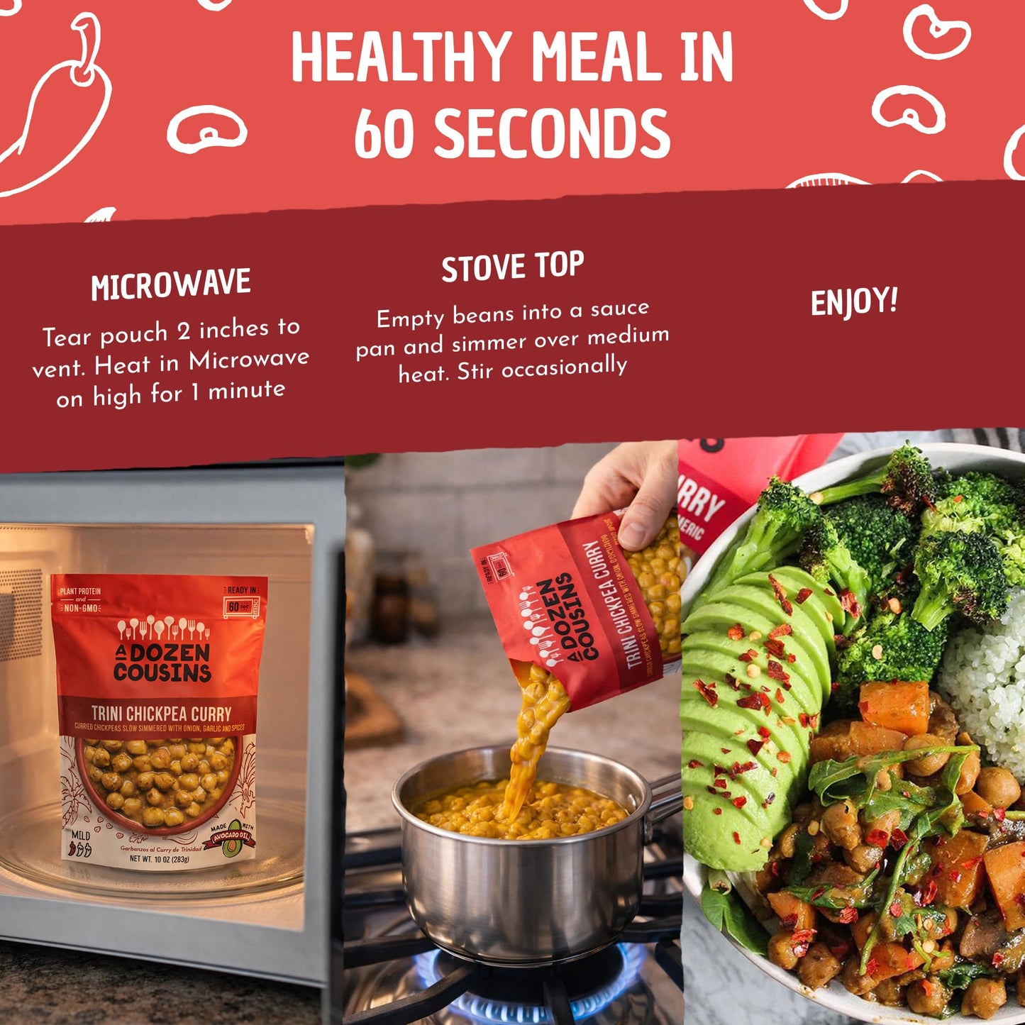 A Dozen Cousins Trini Chickpea Curry Beans (6-Pack) Prepared Food Pouch, Ready to Eat Meal in Seasoned Avocado Oil, Premade Microwave Meal, Instant