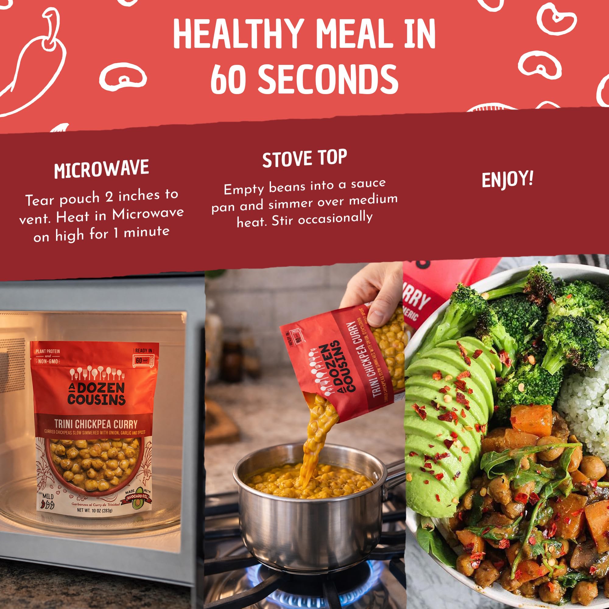 A Dozen Cousins Trini Chickpea Curry Beans (6-Pack) Prepared Food Pouch, Ready to Eat Meal in Seasoned Avocado Oil, Premade Microwave Meal, Instant