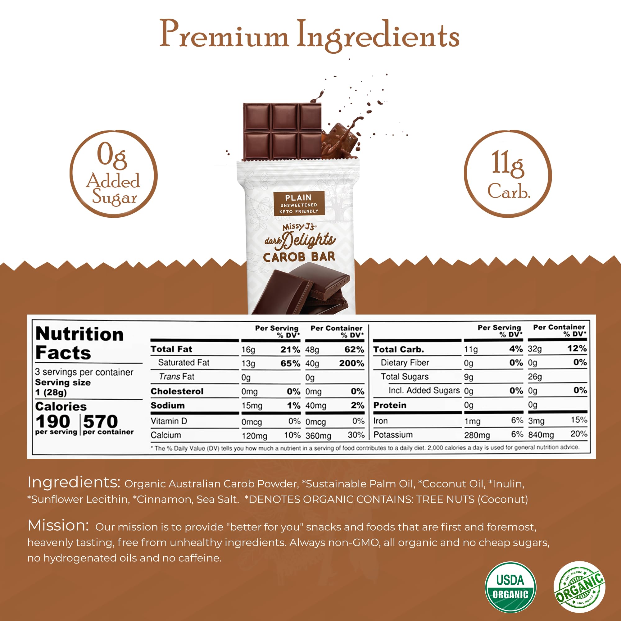 Missy J's Organic Carob Dark Delights Unsweetened Plain Candy Bar 3 Oz 2 Pack | Vegan, Gluten and Caffeine Free, Healthy Substitute for Chocolate