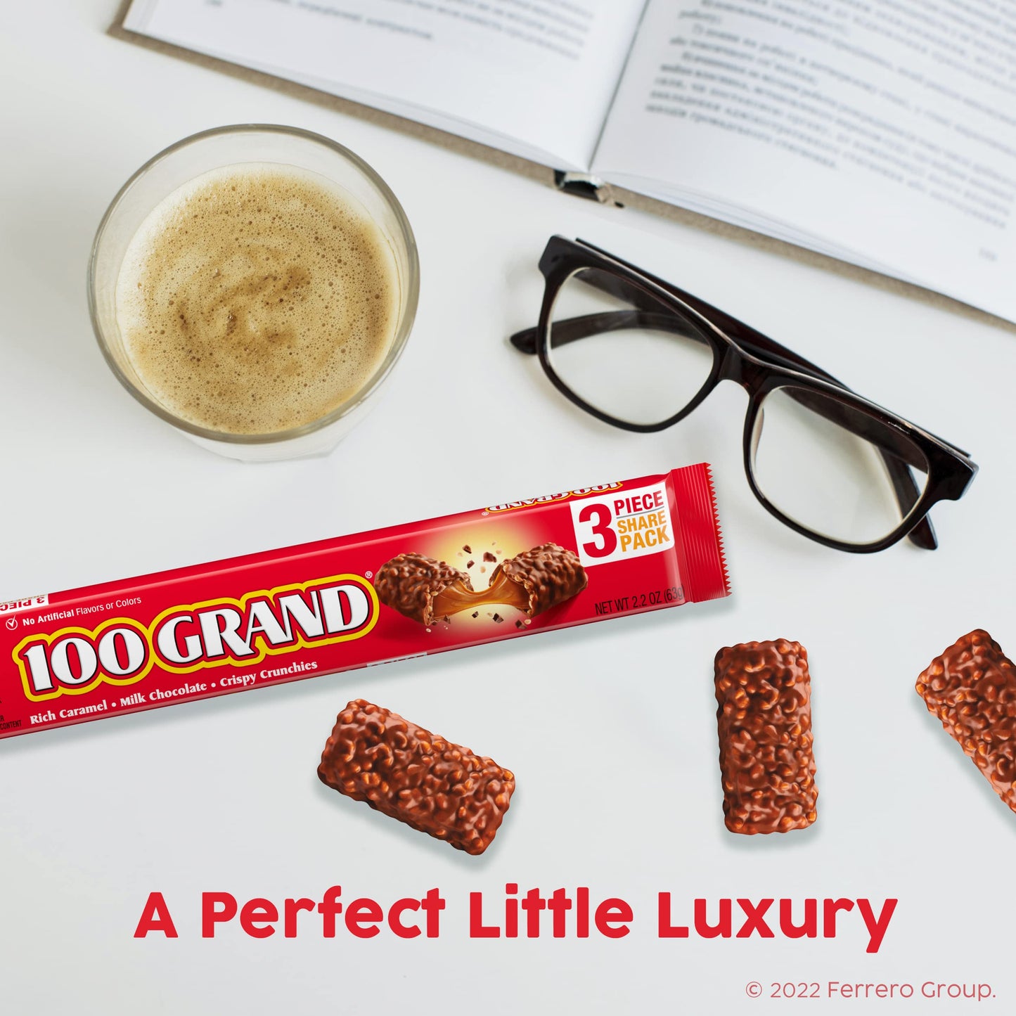 100 Grand Crispy Milk Chocolate with Caramel, Share Size Individually Wrapped Candy Bars, 2.2 oz each, Bulk 24 Count Box