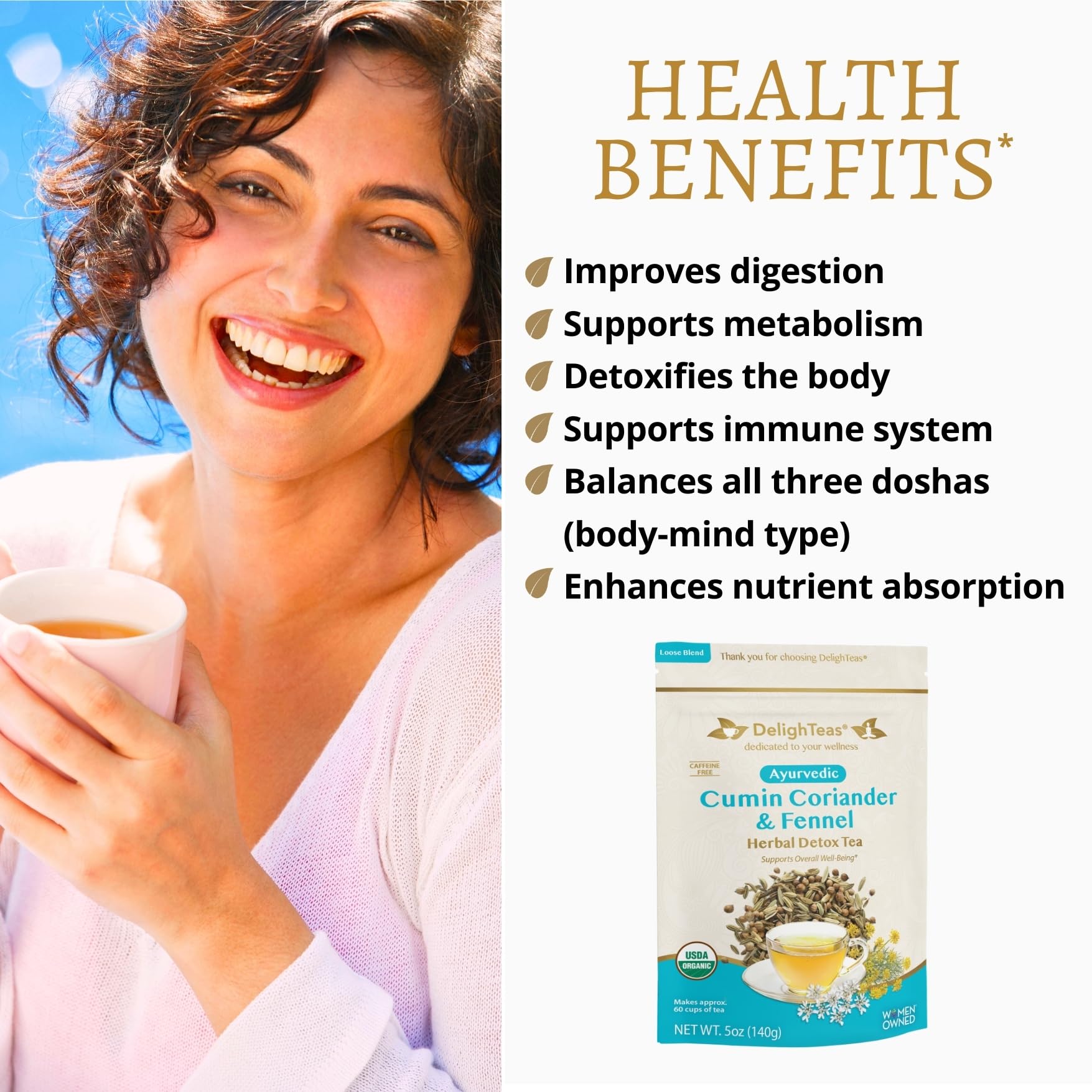 DelighTeas Organic Digest & Detox CCF Tea | Ayurvedic Cumin, Coriander, Fennel Loose Leaf | with BPA-Free Infuser | 60 Servings, 5 oz.