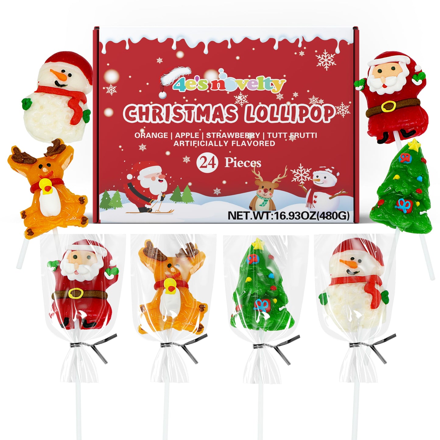 4E's Novelty 24 Pack Christmas Lollipops Santa, Snowman, Reindeer, Tree, Christmas Lollipops Individually Wrapped Bulk, Candy Suckers, Stocking