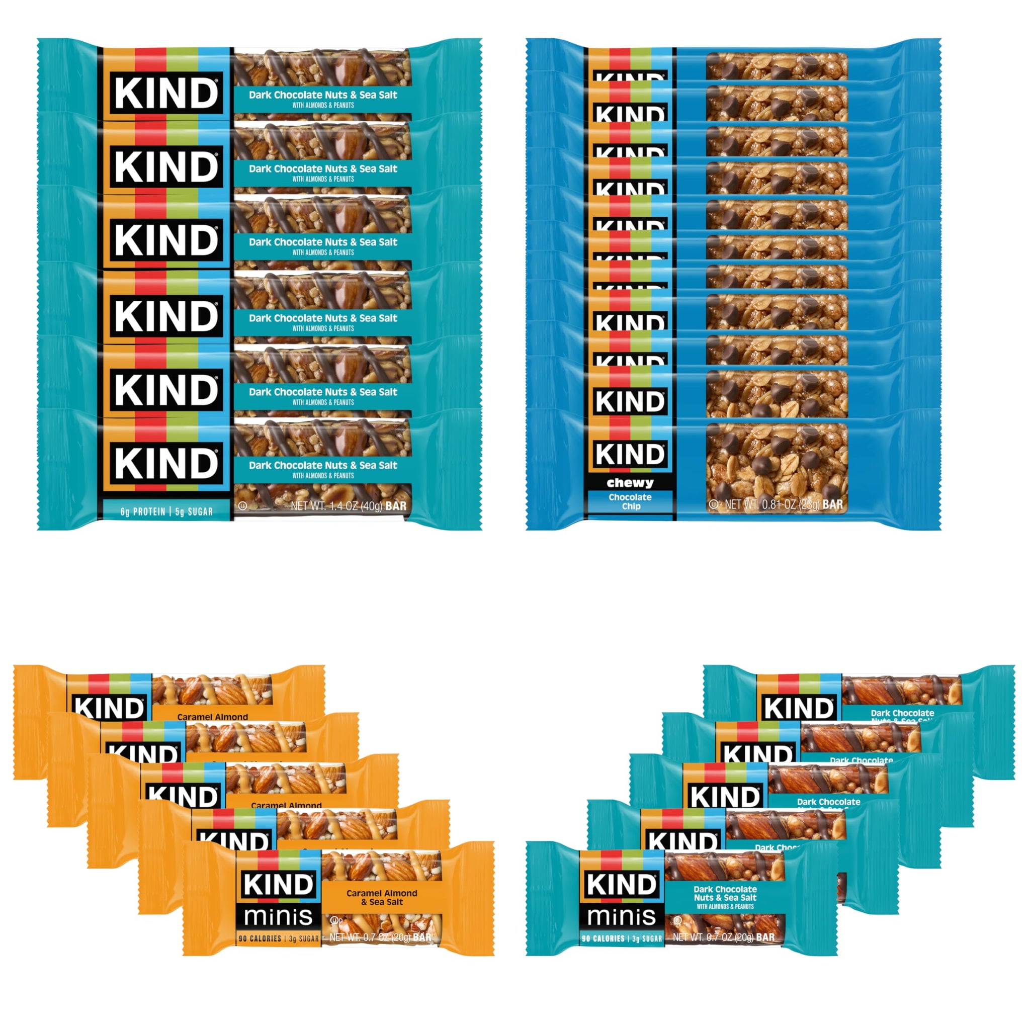 KIND Bar Variety Pack, (6) Dark Chocolate Nuts & Sea Salt, (5) Caramel Almond Sea Salt Mini, (5) Dark Chocolate Nuts & Sea Salt Mini, (10) Chewy