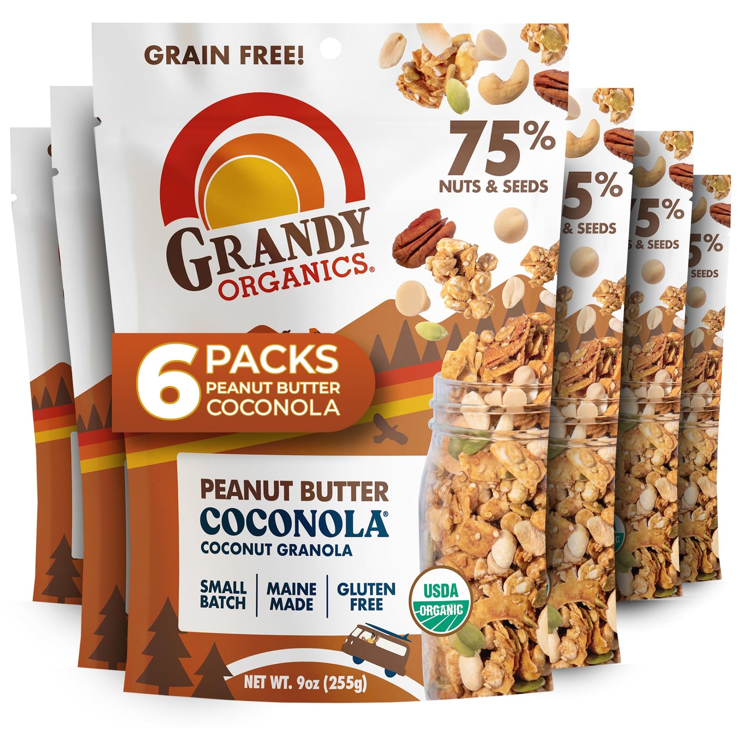 Grandy Organics Peanut Butter Coconola - Certified Organic Grain Free Granola - 10g Protein - Gluten Free, Non GMO, Vegan & Paleo Friendly - Peanuts