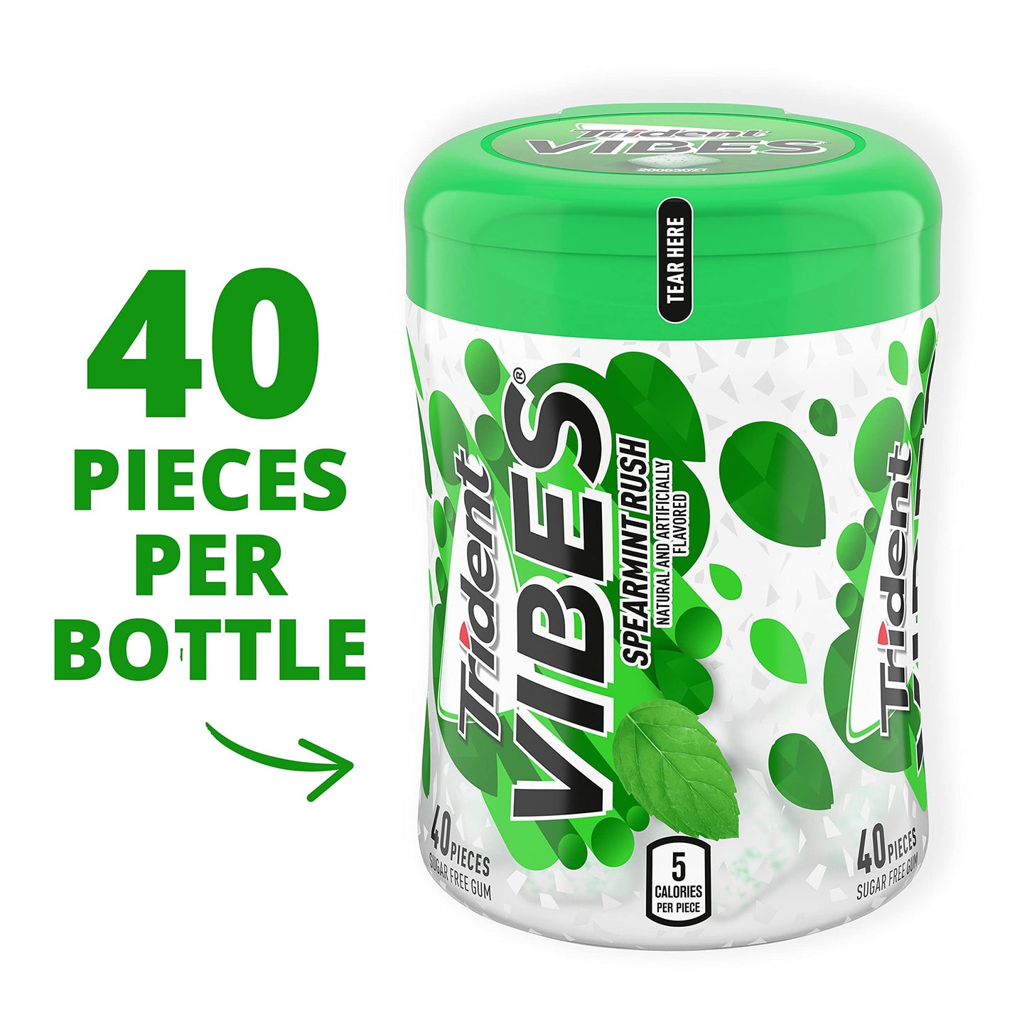 Trident Vibes Spearmint Rush Sugar-Free Chewing Gum, 6 Bottles of 40 Pieces (240 Total Pieces)