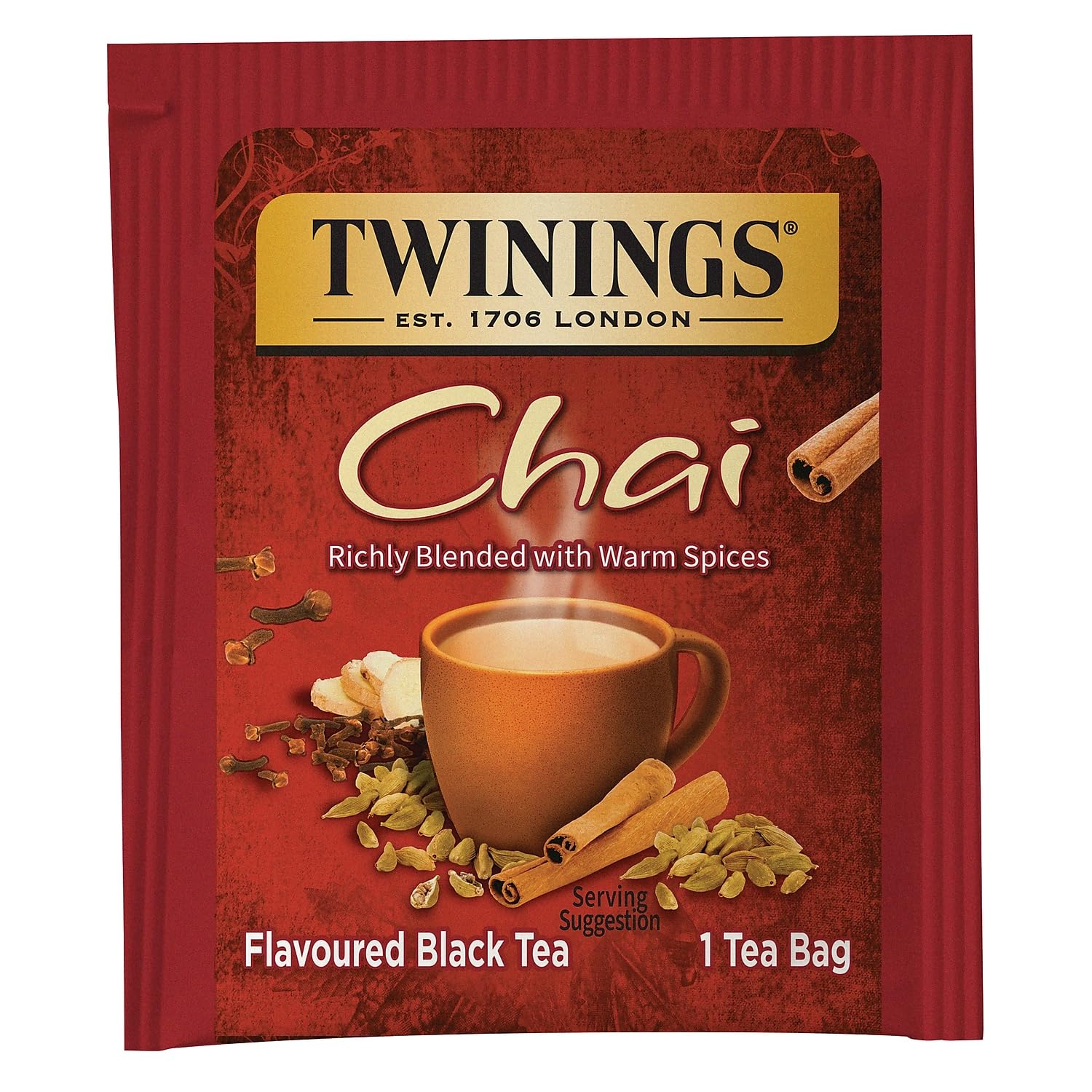 TWININGS 09185 Tea Bags, Chai, 1.76 oz, 25/Box