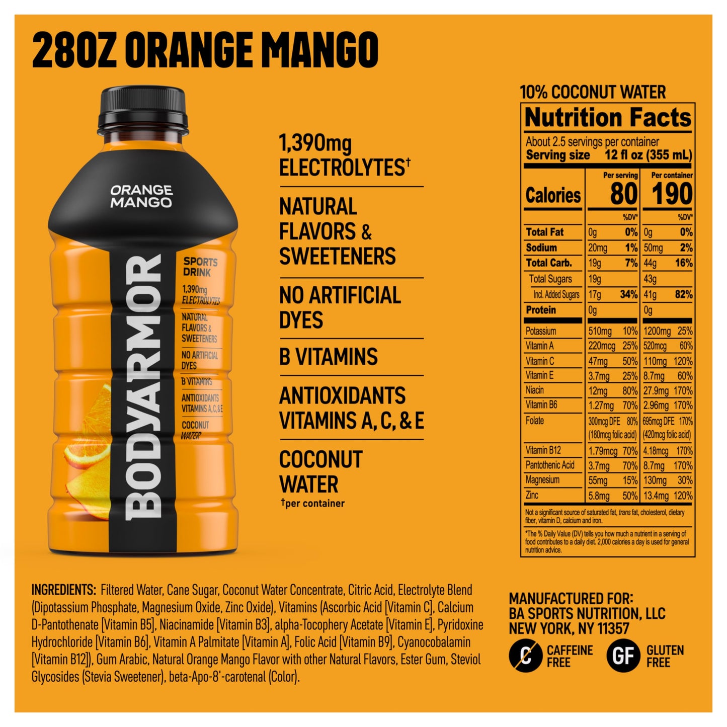 BODYARMOR Sports Drink, Orange Mango, Electrolyte Drink Hydration, 28 Fl Oz Bottles (15 Pack), Flavored Coconut Water with B Vitamins & Antioxidants