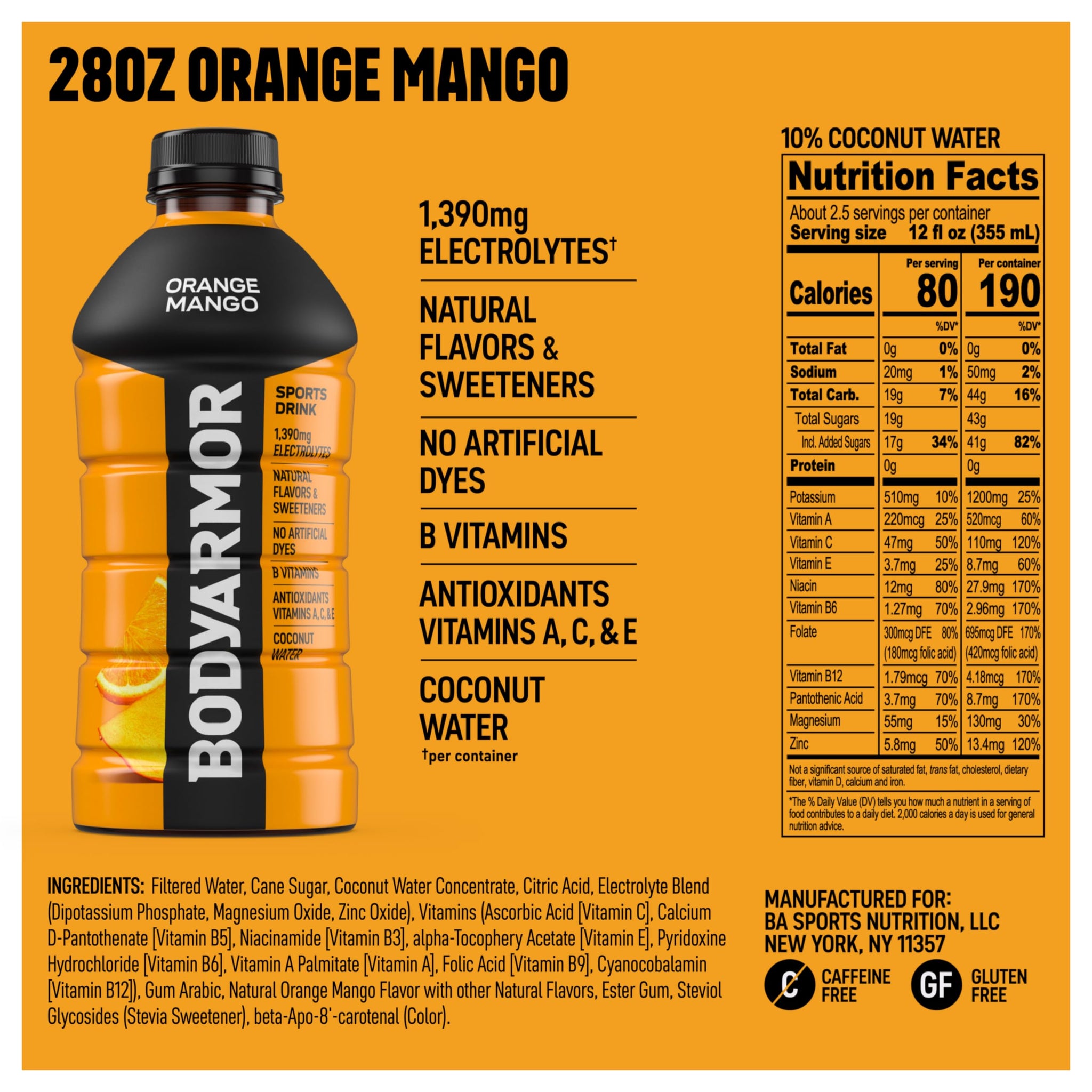 BODYARMOR Sports Drink, Orange Mango, Electrolyte Drink Hydration, 28 Fl Oz Bottles (15 Pack), Flavored Coconut Water with B Vitamins & Antioxidants