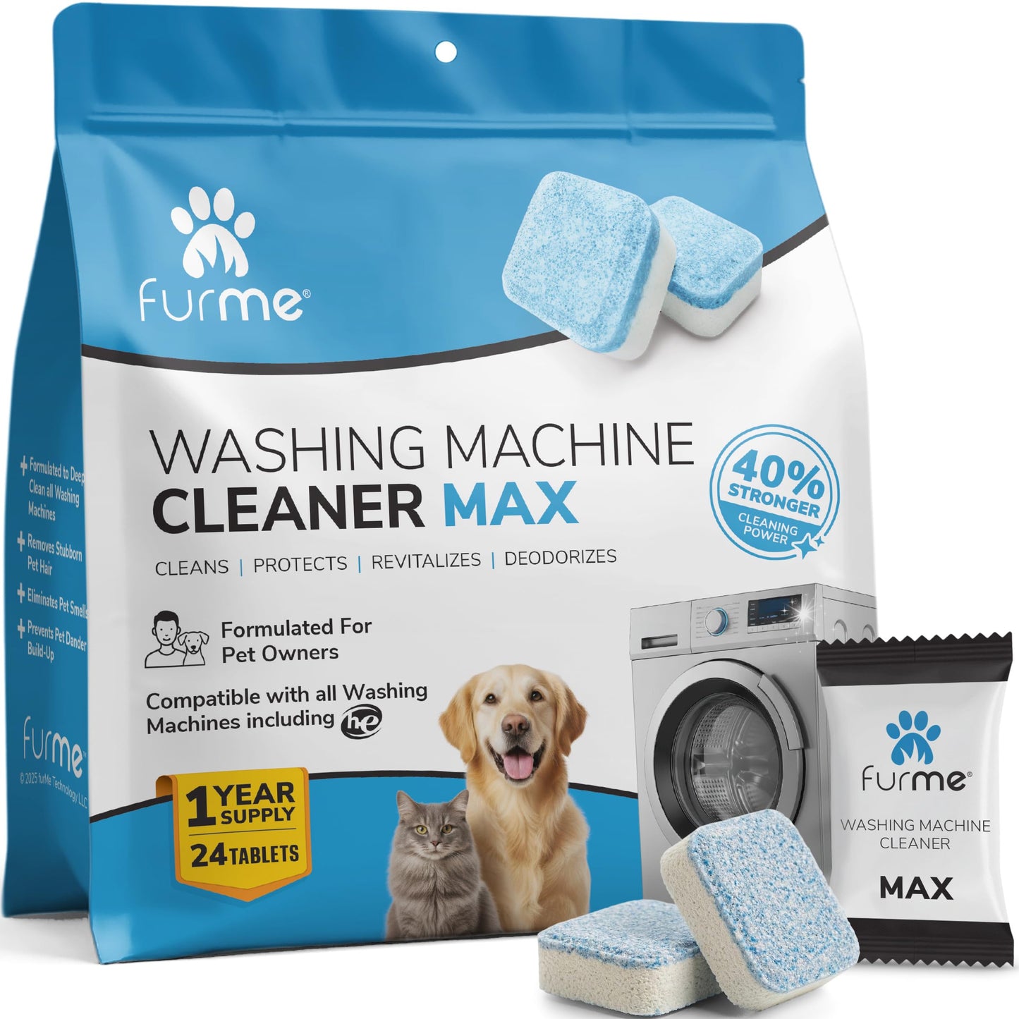 FURME Washing Machine Cleaner MAX Tablets for Pet Owners - 24 Pack Deep Cleaning Descaler for HE Front & Top Load Washers - Removes Pet Hair Odor