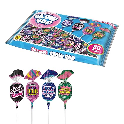 Charms Blow Pop Lollipops Limited Edition Assortment - Blue Razzbery, Black Cherry, What A Melon and Extreme Lemonade - Dual Candy and Gum Suckers