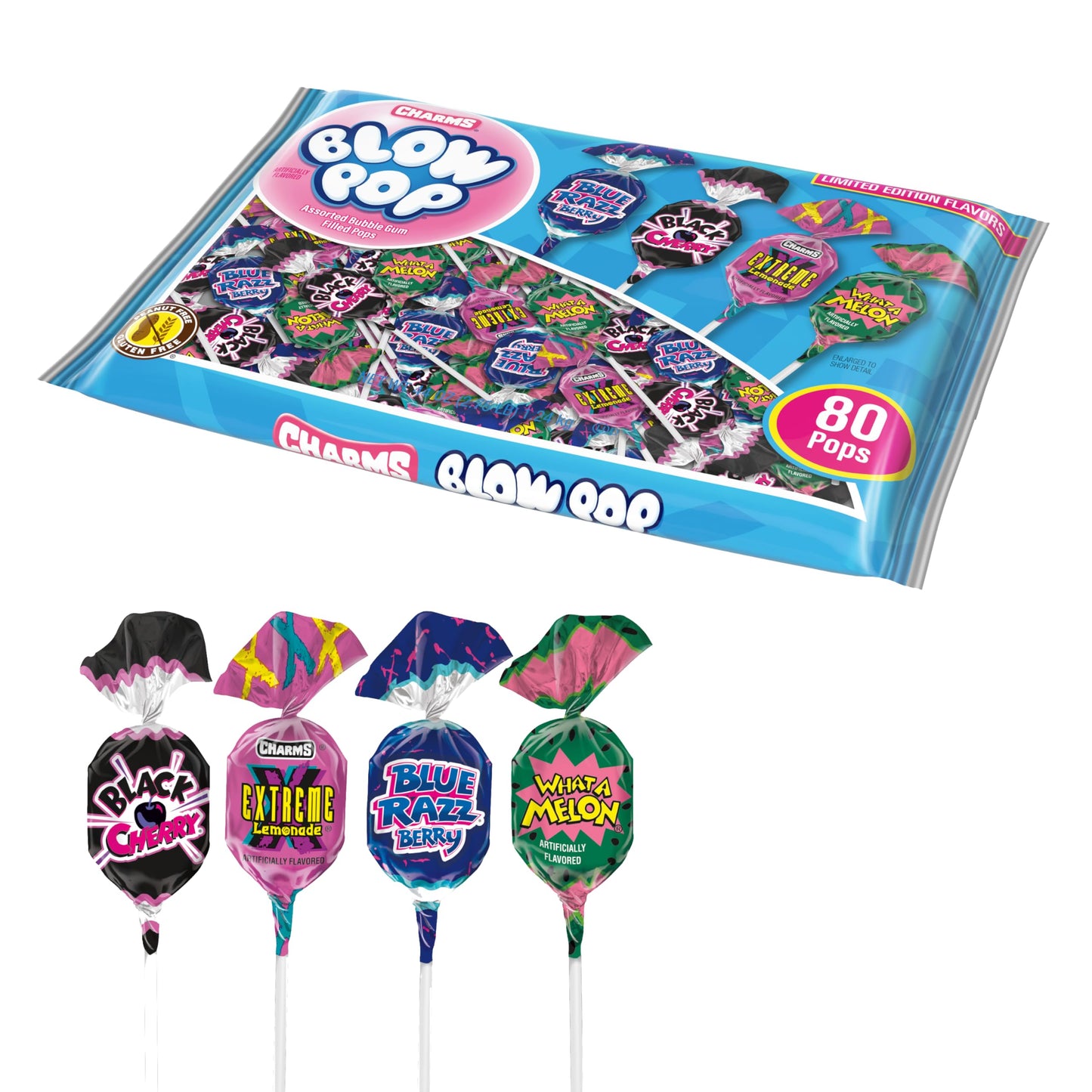 Charms Blow Pop Lollipops Limited Edition Assortment - Blue Razzbery, Black Cherry, What A Melon and Extreme Lemonade - Dual Candy and Gum Suckers