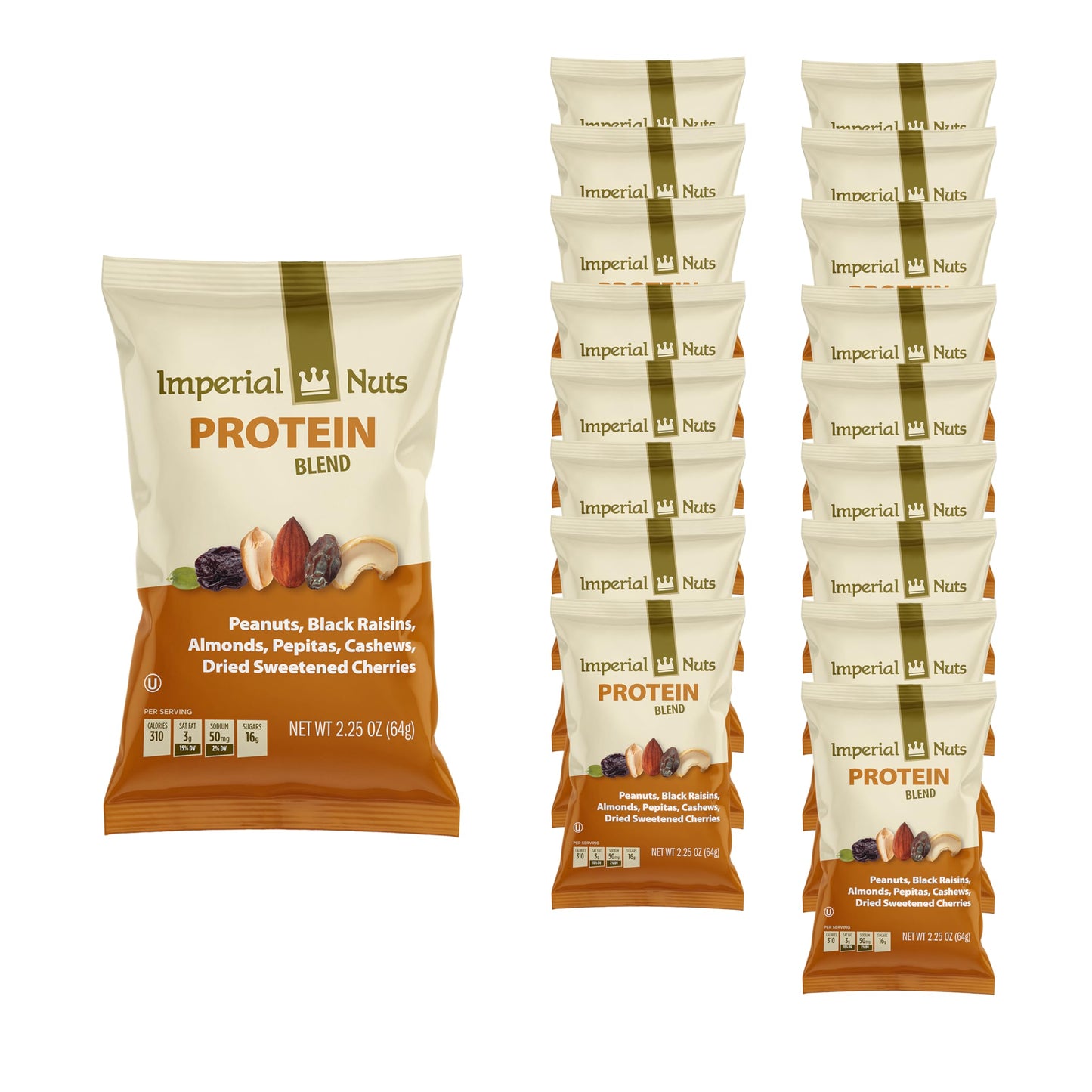Protein Blend (18 Pack) - Peanuts, Black Raisins, Almonds, Pepitas, Cashews, Dried Sweetened Cherries, 2.25 oz - High Protein, Healthy Snack Mix