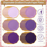 CLIYTICA Purple Paper Plates and Napkins Party Supplies Serves for 48 Guests, Disposable Gradient 9’’ Scalloped Lavender and Gold Plates Tableware Set