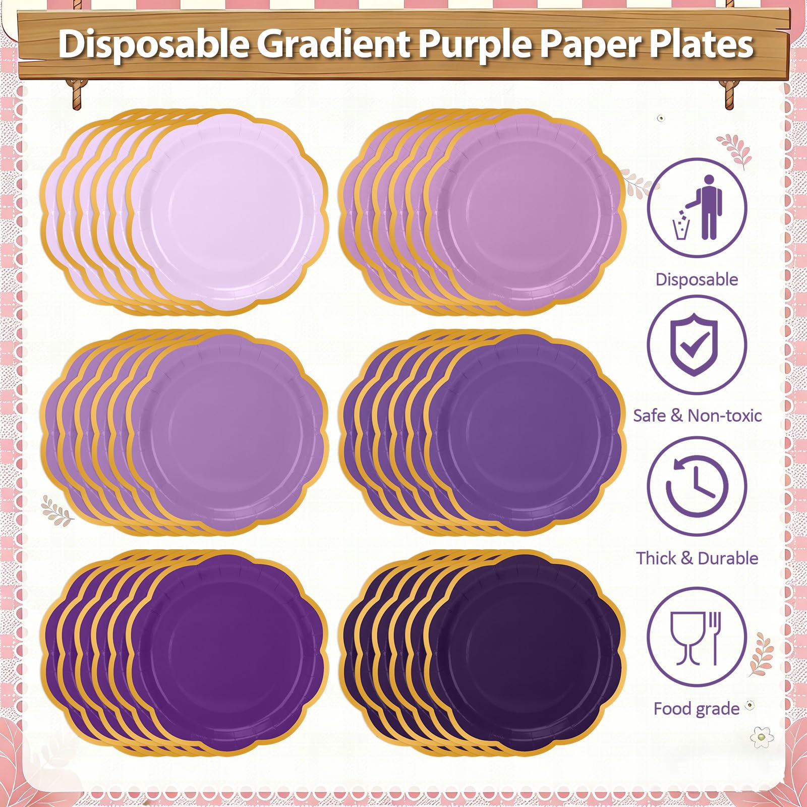 CLIYTICA Purple Paper Plates and Napkins Party Supplies Serves for 48 Guests, Disposable Gradient 9’’ Scalloped Lavender and Gold Plates Tableware Set