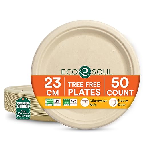 ECO SOUL Compostable Paper Plates 9 Inch, 50 Pack - Heavy Duty Disposable Dinner Paper Plates, Natural Bagasse, Leak-Resistant, Microwave Safe