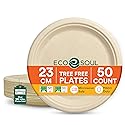 ECO SOUL Compostable Paper Plates 9 Inch, 50 Pack - Heavy Duty Disposable Dinner Paper Plates, Natural Bagasse, Leak-Resistant, Microwave Safe