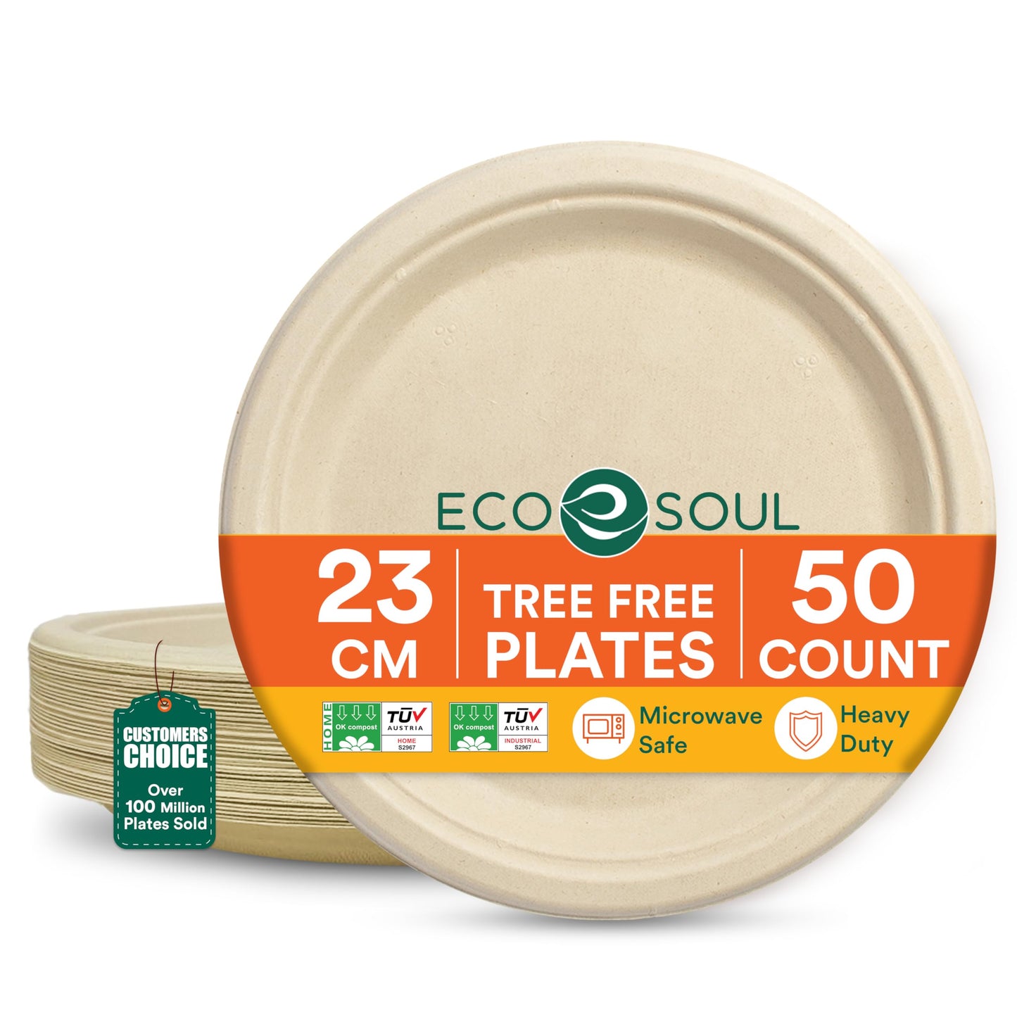 ECO SOUL Compostable Paper Plates 9 Inch, 50 Pack - Heavy Duty Disposable Dinner Paper Plates, Natural Bagasse, Leak-Resistant, Microwave Safe
