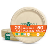 ECO SOUL Compostable Paper Plates 9 Inch, 50 Pack - Heavy Duty Disposable Dinner Paper Plates, Natural Bagasse, Leak-Resistant, Microwave Safe