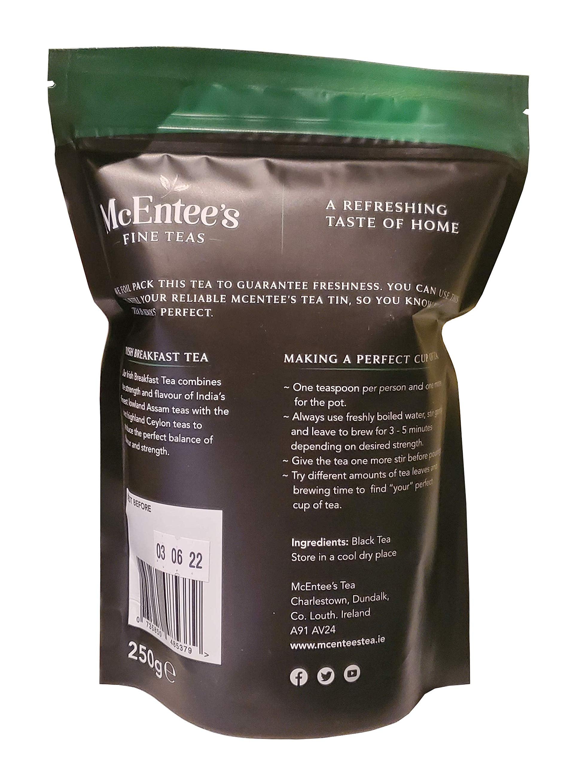 McEntee's Irish Breakfast Tea (Pack of 2) - 250g Refill Bags - Expertly Blended in Ireland. A Traditional Irish Blend of Ceylon and Assam tea's