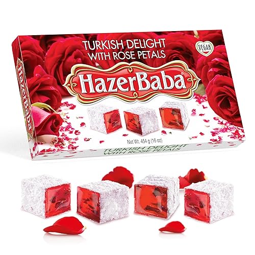 Hazer Baba Turkish Delight Candy with Rose Petals, 16oz (Pack of 1), Gourmet Snack Box, Traditional, Vegan Snack, Turkish Lokum, Unique Sweets