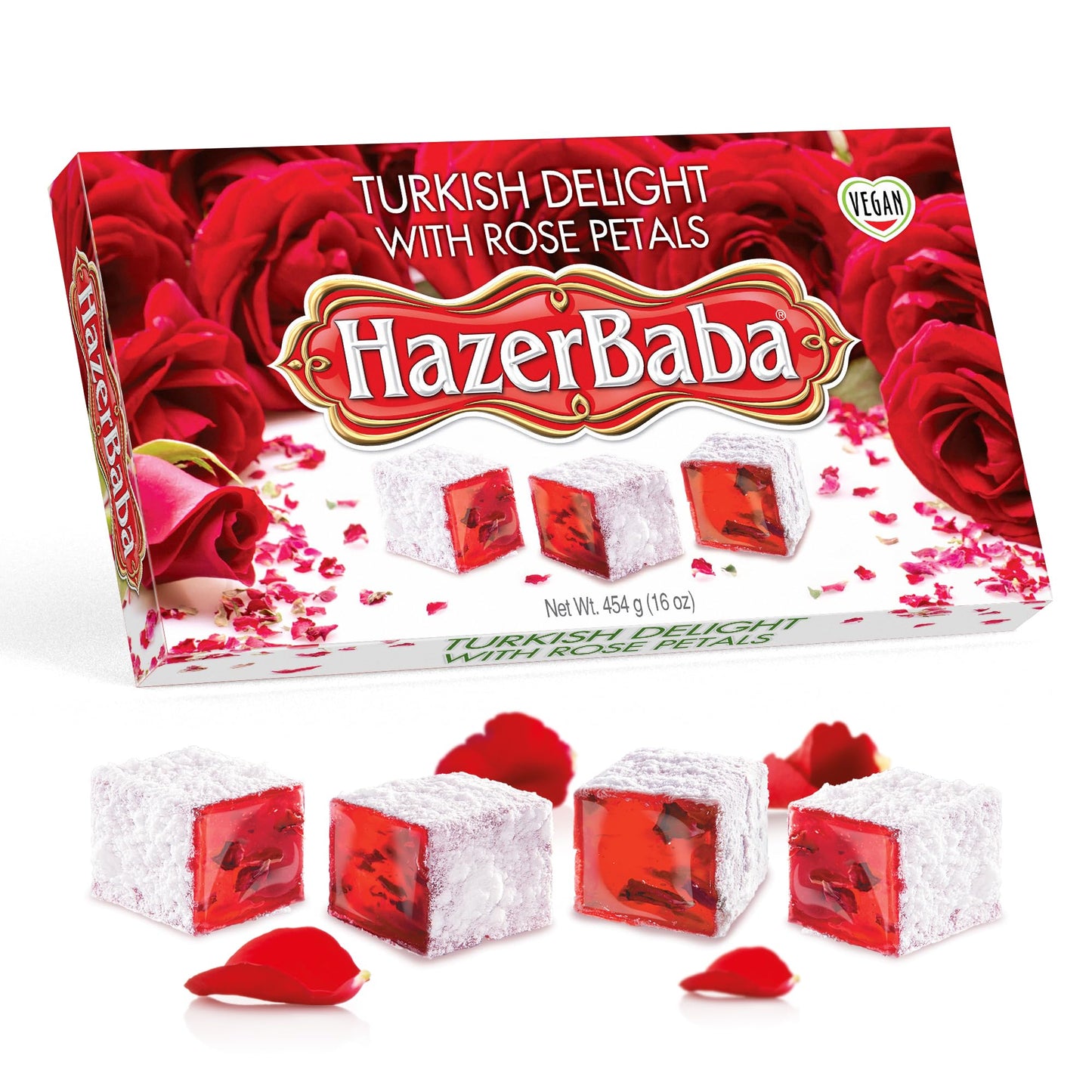 Hazer Baba Turkish Delight Candy with Rose Petals, 16oz (Pack of 1), Gourmet Snack Box, Traditional, Vegan Snack, Turkish Lokum, Unique Sweets