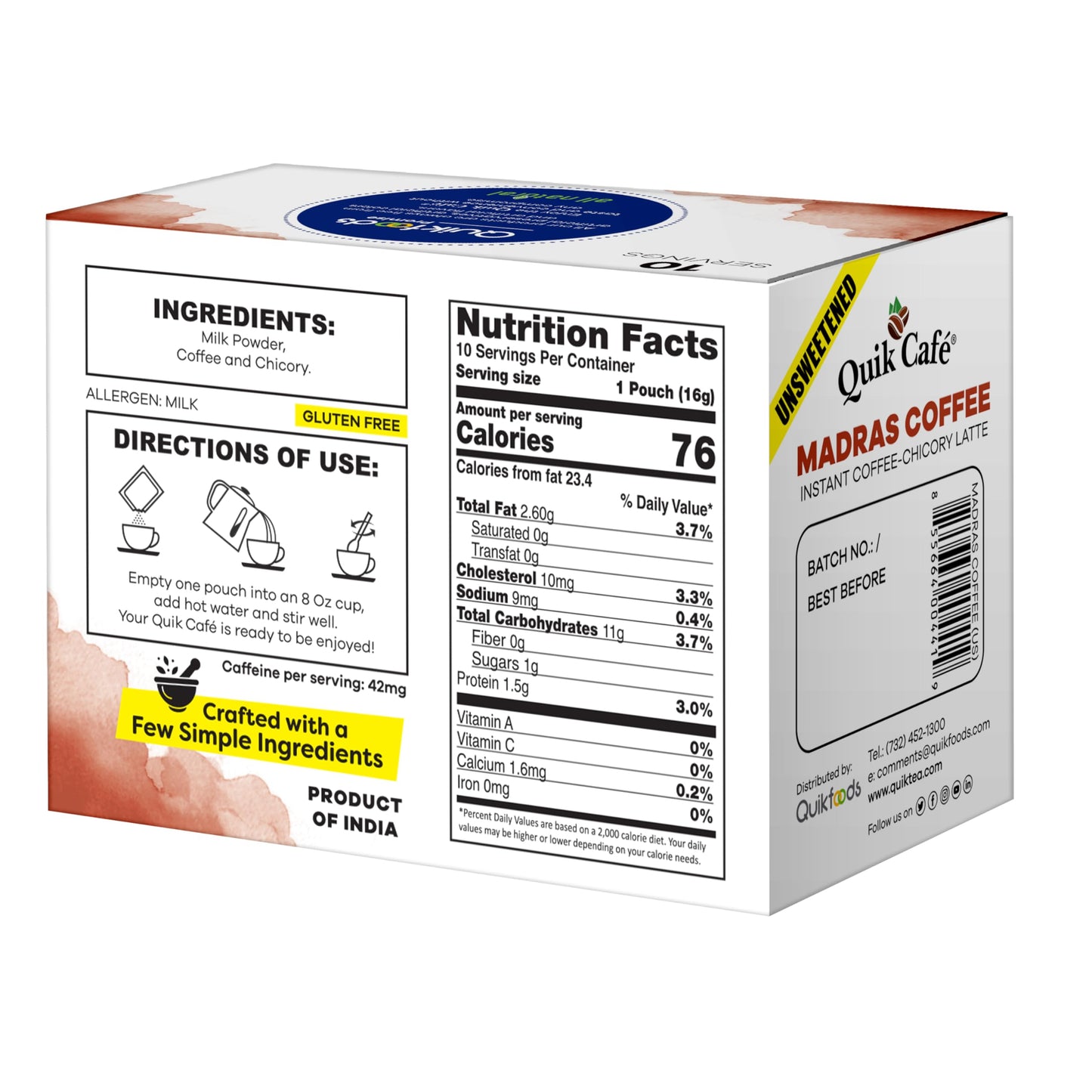 QuikCafé Madras Unsweetened Coffee - 10 Count, Instant Herbal Blend with Natural Ingredients, Caffeine-Light, Preservative-Free - Just Add Hot Water