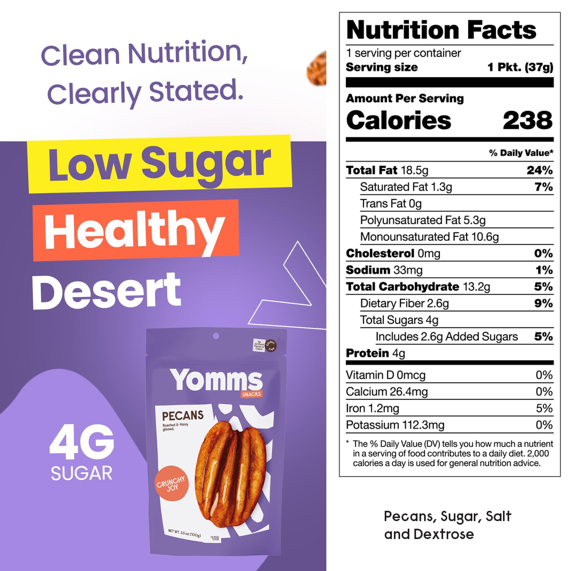 Yomms Crunchy Joy Glazed Whole Pecan Halves, 3.5 oz, Gluten-Free & Non-GMO Healthy Dessert Snack - Low Sugar Classic Candied Nut Pouch - Roasted