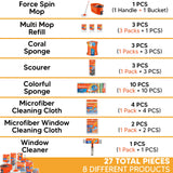 Home Cleaning Kit with Force Spin Mop Microfiber Cloths Sponges Scourers Window Cleaner Supplies Set