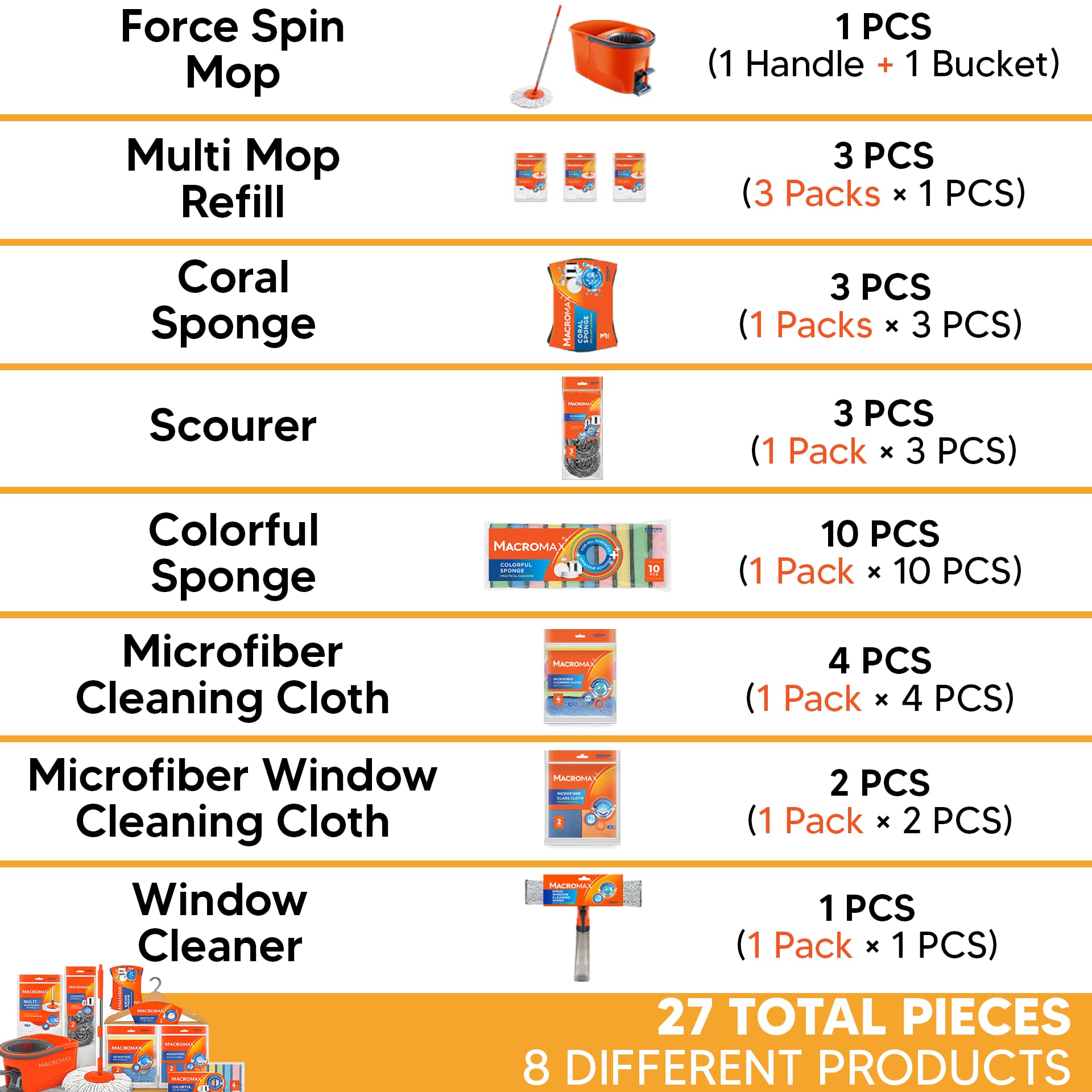 Home Cleaning Kit with Force Spin Mop Microfiber Cloths Sponges Scourers Window Cleaner Supplies Set