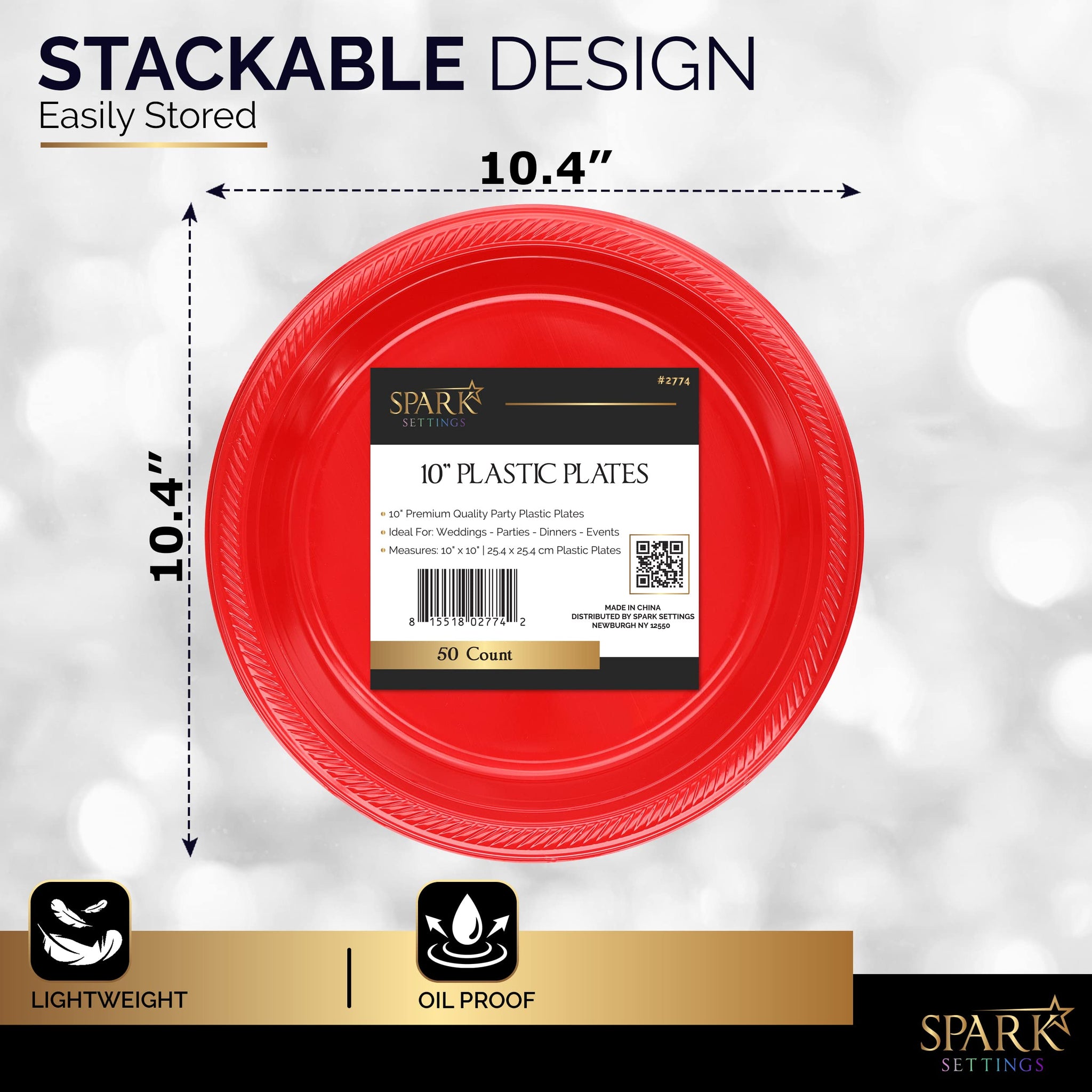 Amcrate Disposable Red Plastic Dinner Plates, 10.4 Inches, Strong and Sturdy for Party, Holiday, Picnic, or Travel - Pack of 50