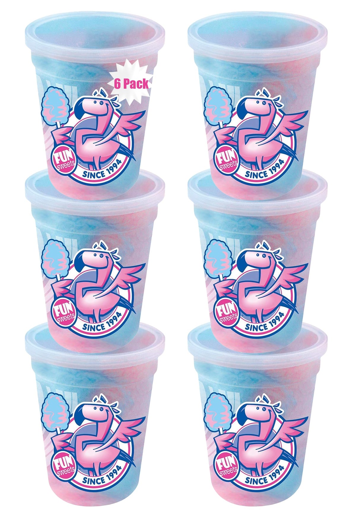 Fun Sweets Cotton Candy 6-Pack - Blue Raspberry and Cherry Swirl Flavor CottonCandy in 1.5 oz Tubs - Individual Carnival Cotton Candy Tubs