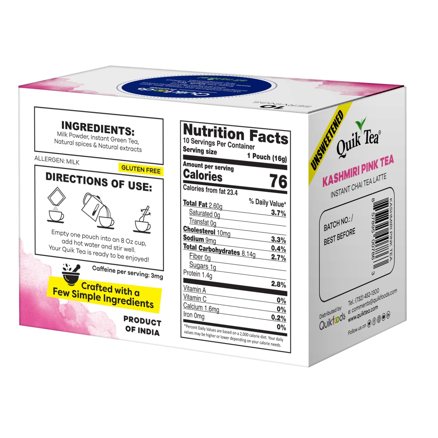 QuikTea Instant Unsweetened Kashmiri Pink Chai Tea Latte - 10 Count, Natural Pink Color with Hearty Spices Extracts, Low Caffeine, No Artificial